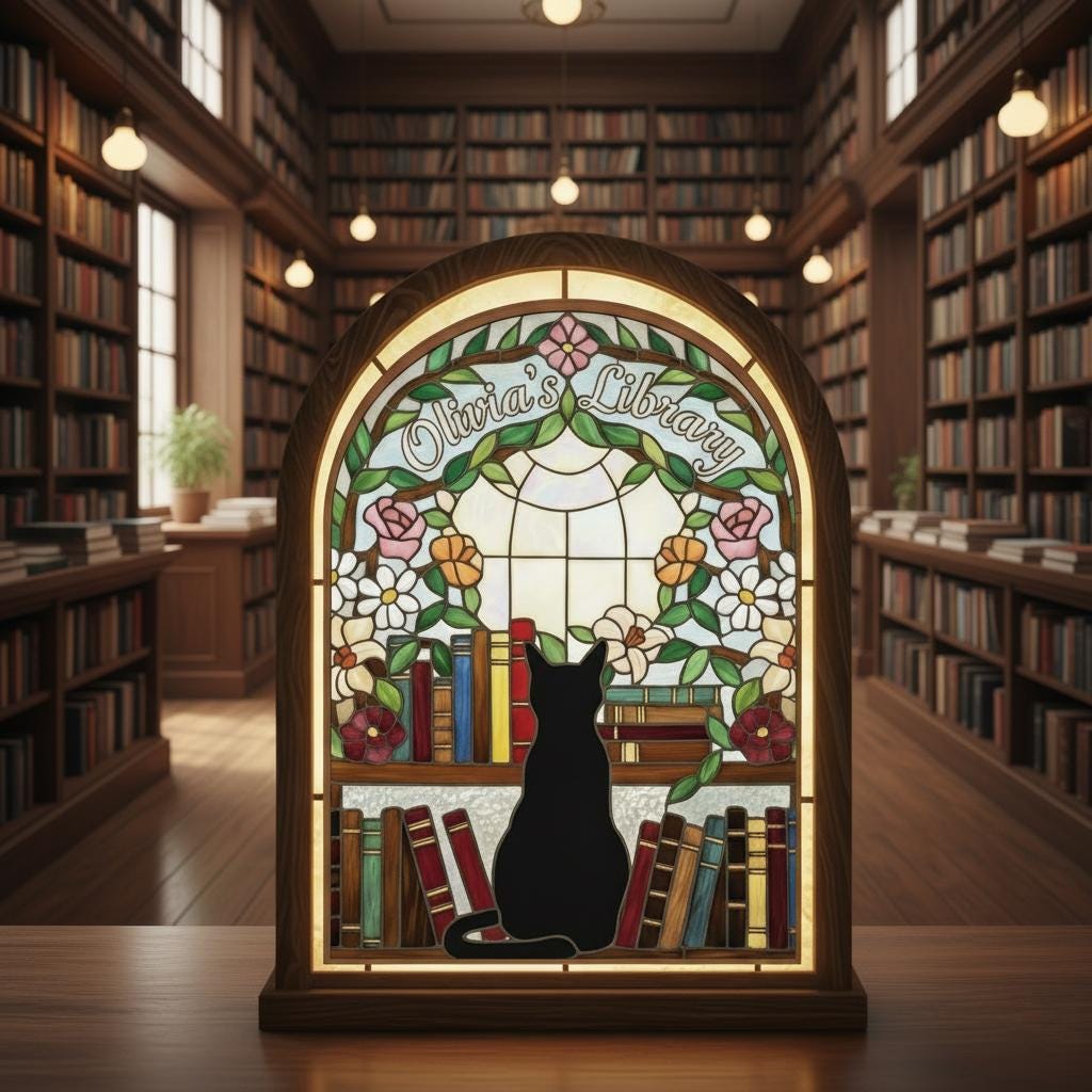 Custom Candle Holder: Personalized Cat Library Lighted Decor Book Lover Home Display