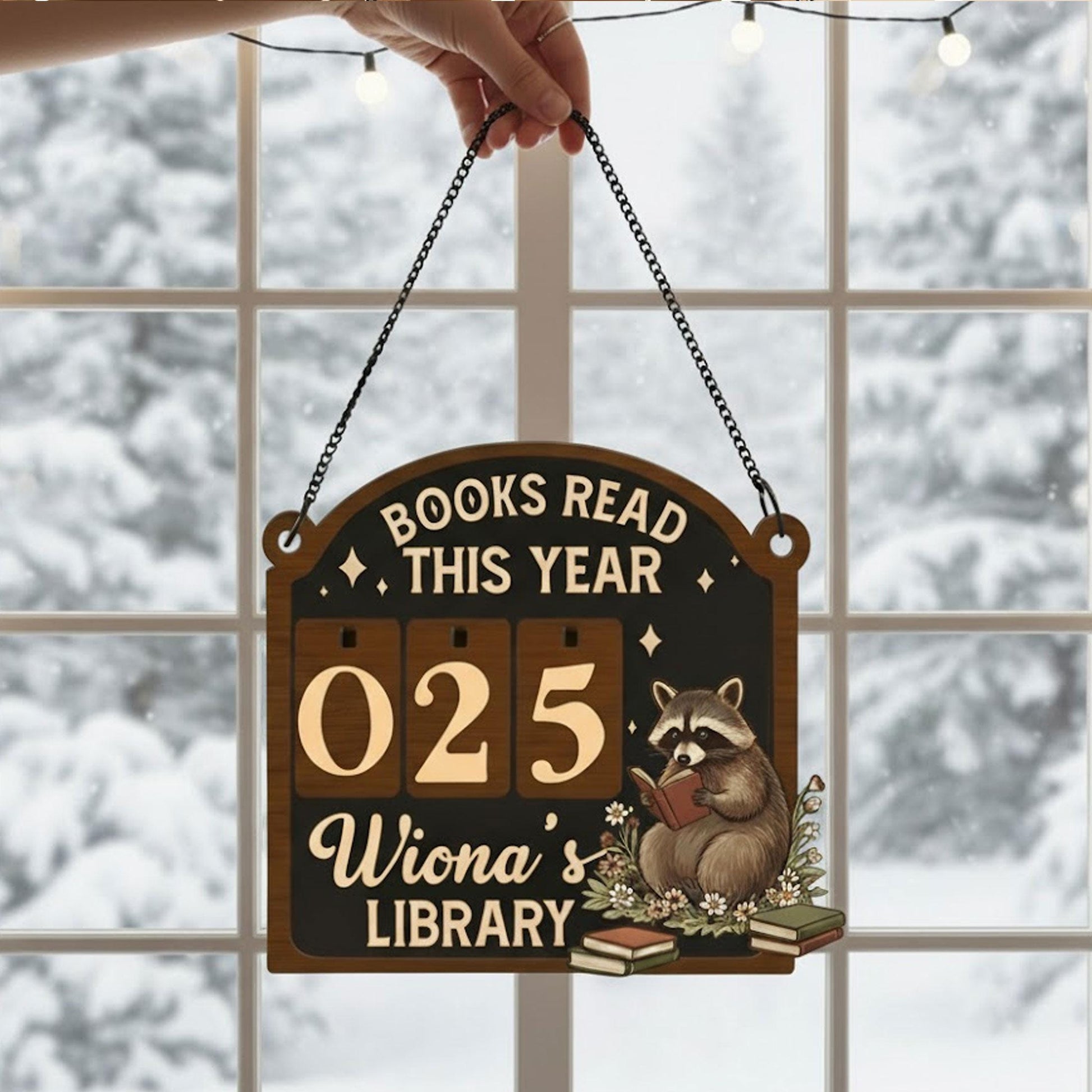 Personalized Raccoon Reading Tracker: Wooden Books Read This Year Sign