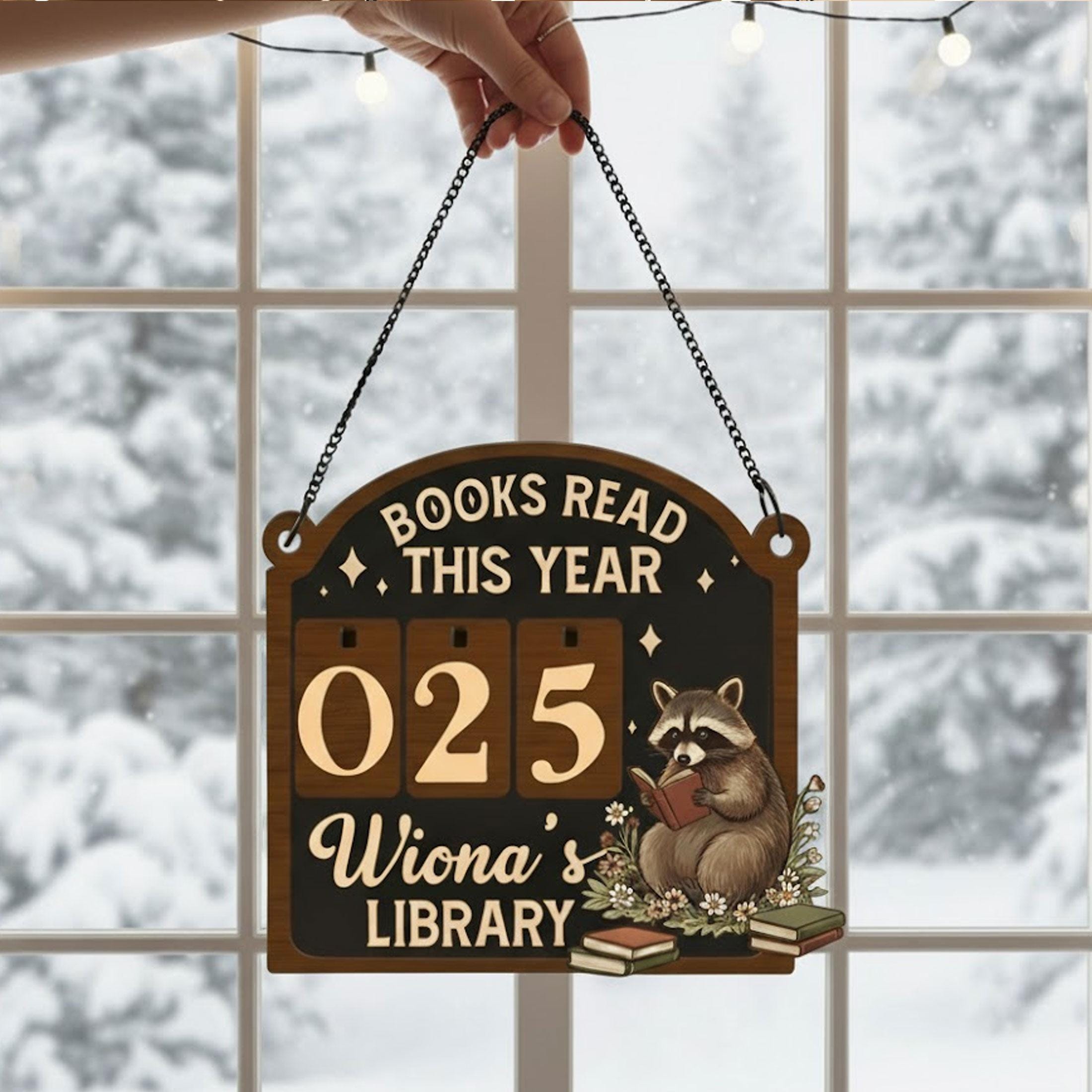Personalized Raccoon Reading Tracker: Wooden Books Read This Year Sign