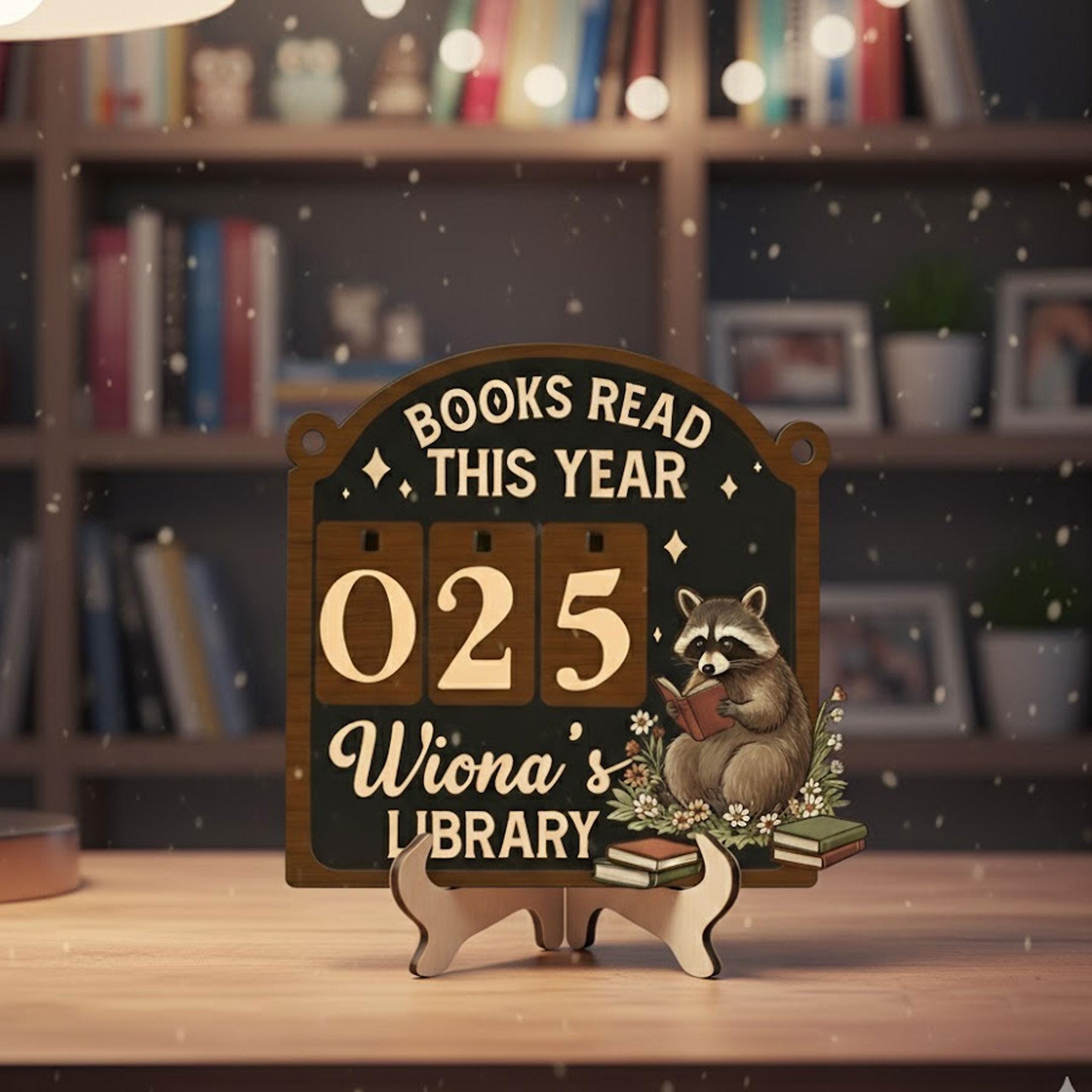 Personalized Raccoon Reading Tracker: Wooden Books Read This Year Sign