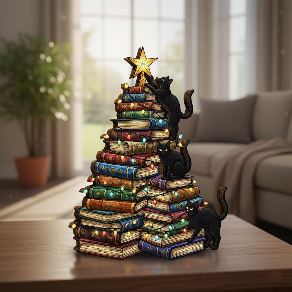 Christmas book cat wooden blocks – holiday bookshelf décor