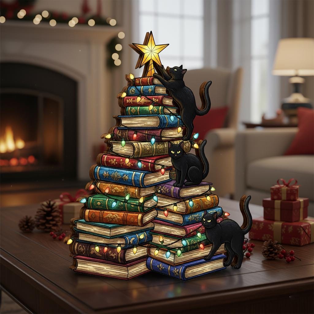Christmas book cat wooden blocks – holiday bookshelf décor