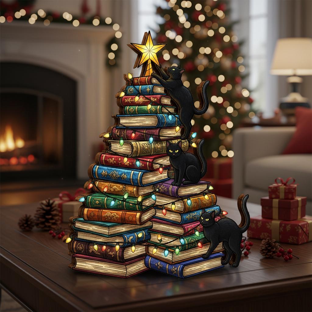 Christmas book cat wooden blocks – holiday bookshelf décor