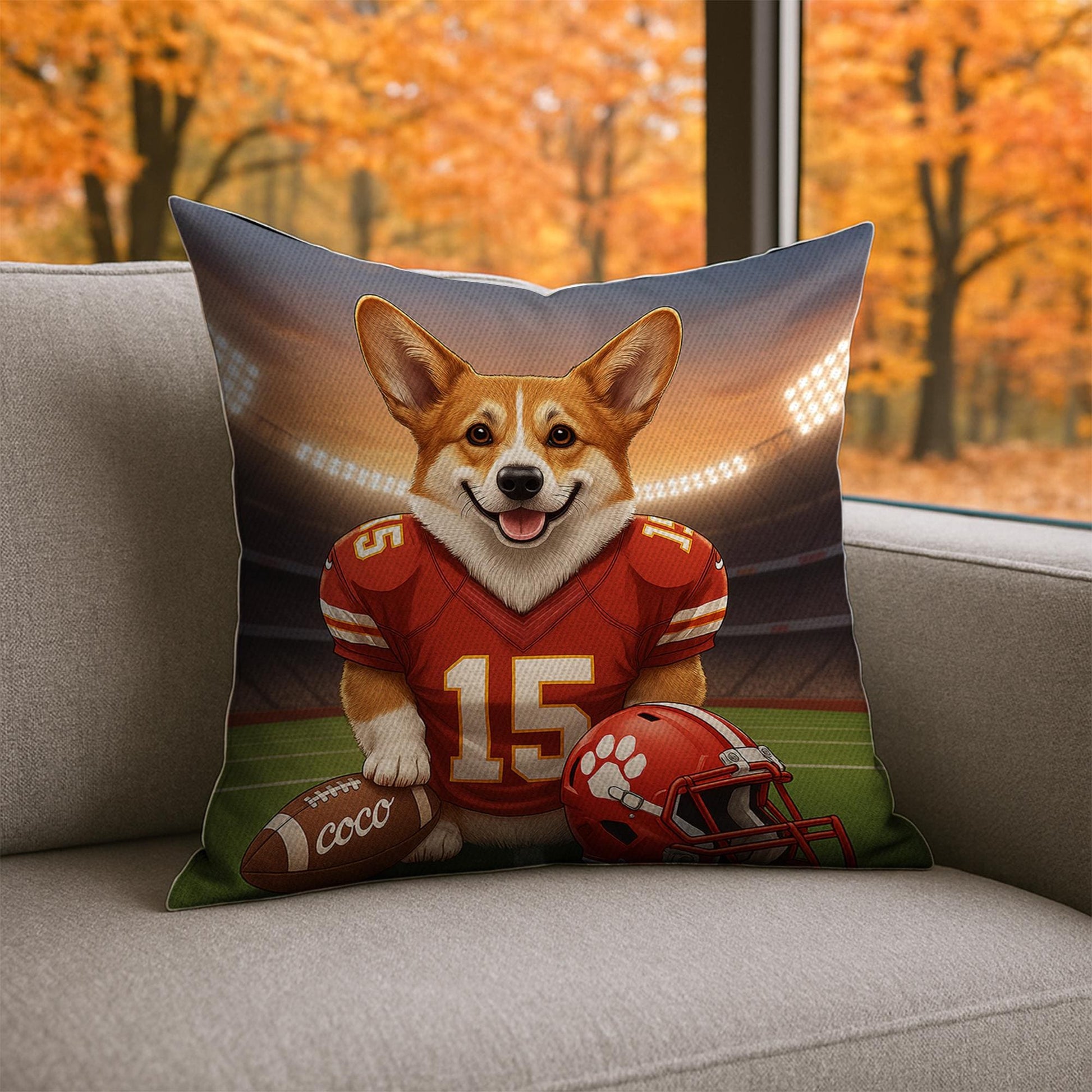 Custom Pet Football Pillow with Dog Portrait, Personalized Sports Team Throw Pillow