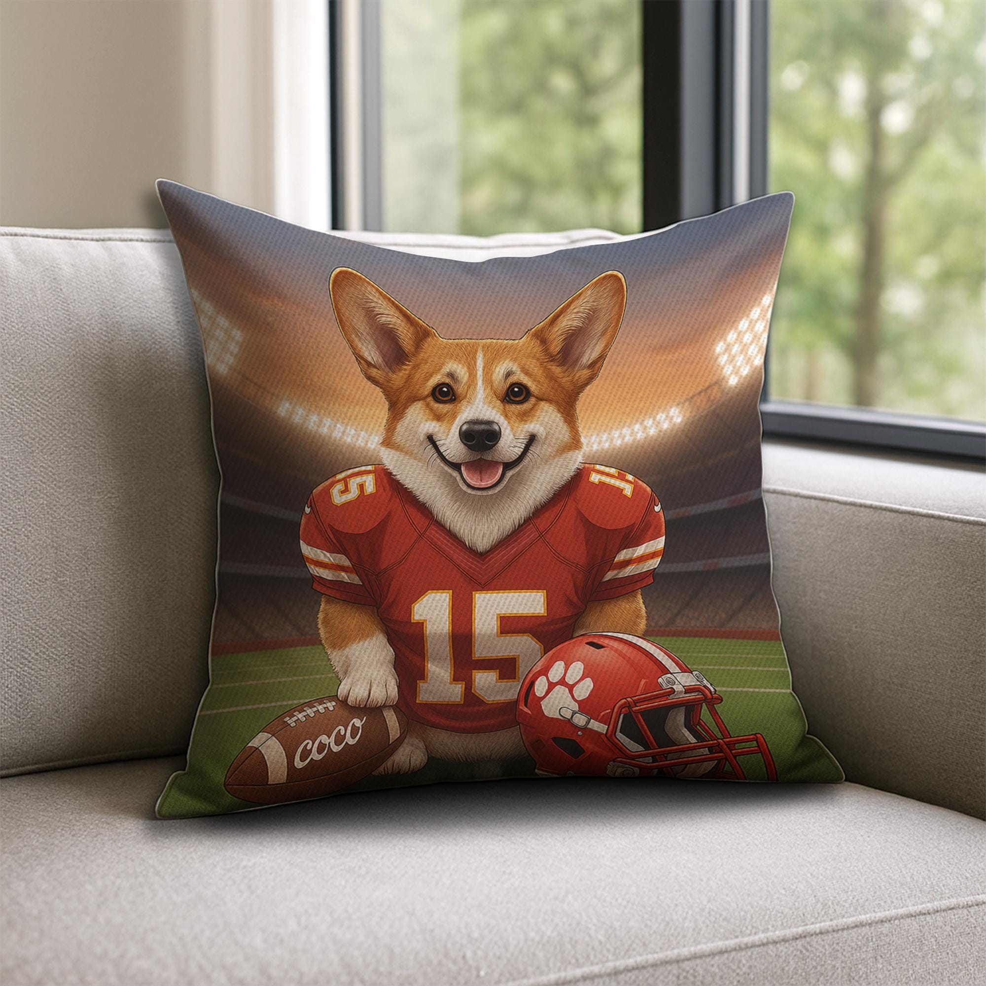 Custom Pet Football Pillow with Dog Portrait, Personalized Sports Team Throw Pillow