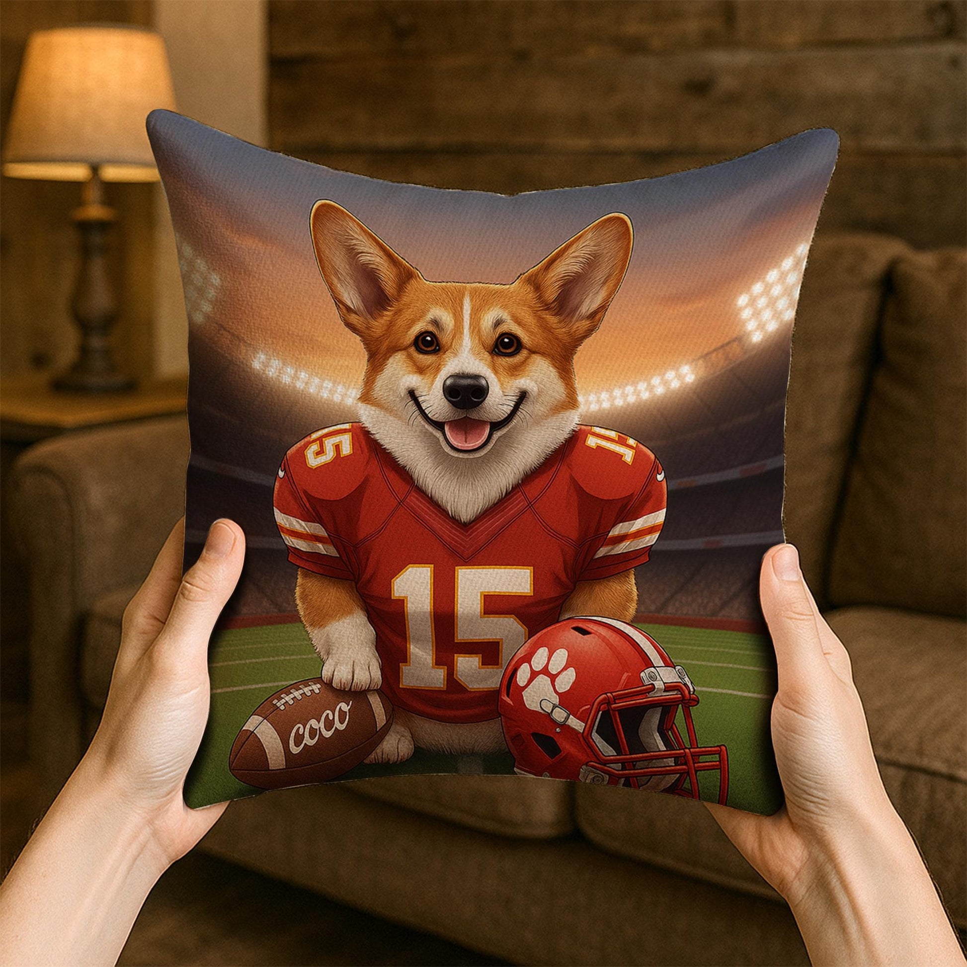 Custom Pet Football Pillow with Dog Portrait, Personalized Sports Team Throw Pillow
