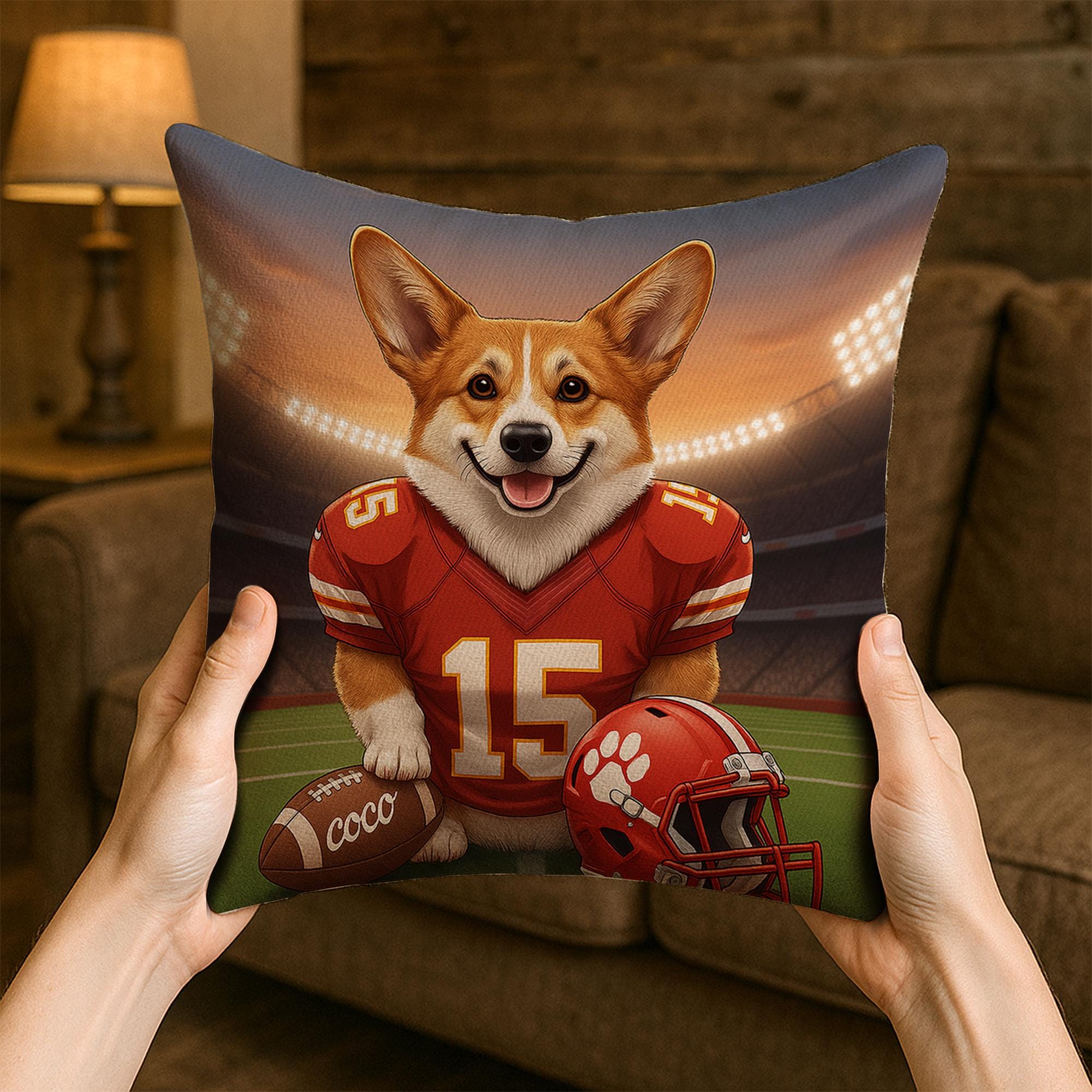 Custom Pet Football Pillow with Dog Portrait, Personalized Sports Team Throw Pillow