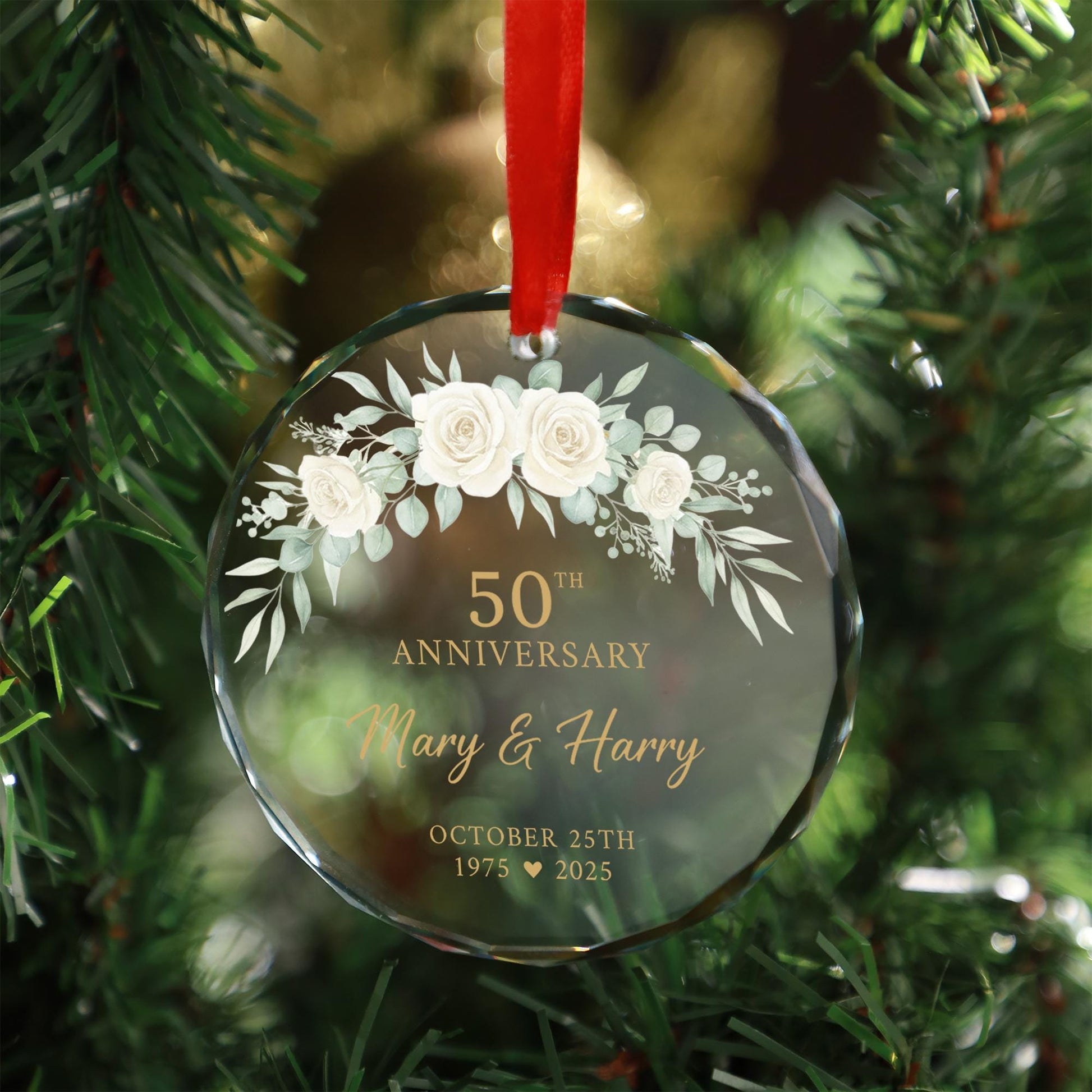 Custom 50th Anniversary Ornament with Roses – Personalized Name & Date Glass Hanging Keepsake