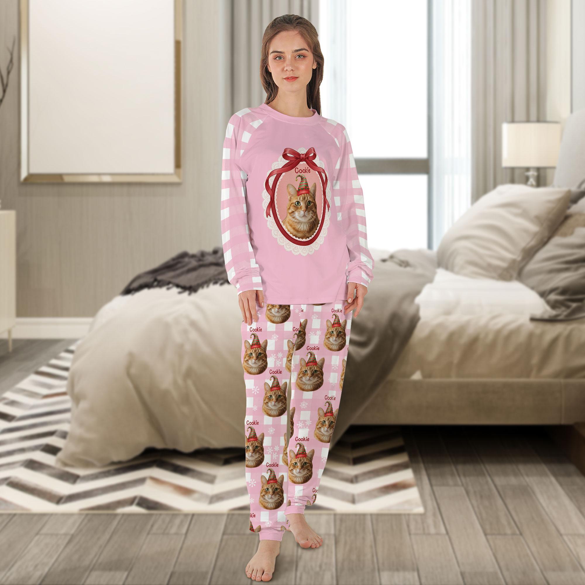 Custom Pet Face Pajama Set: Coquette Plaid Top & Pants with Pet Photo Name