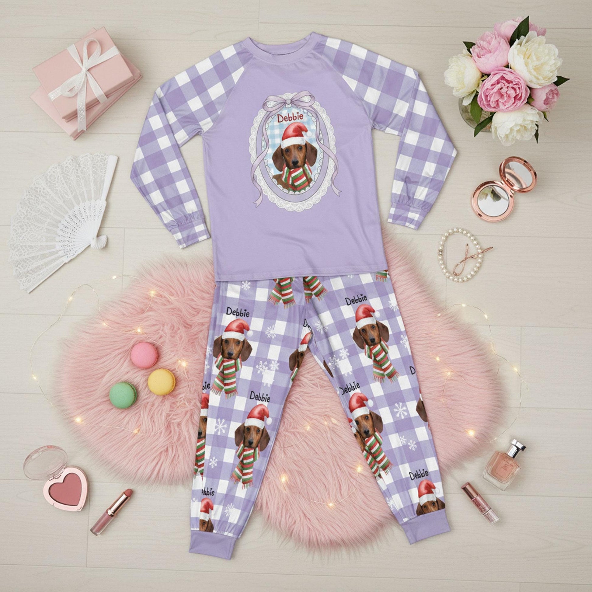 Custom Pet Face Pajama Set: Coquette Plaid Top & Pants with Pet Photo Name