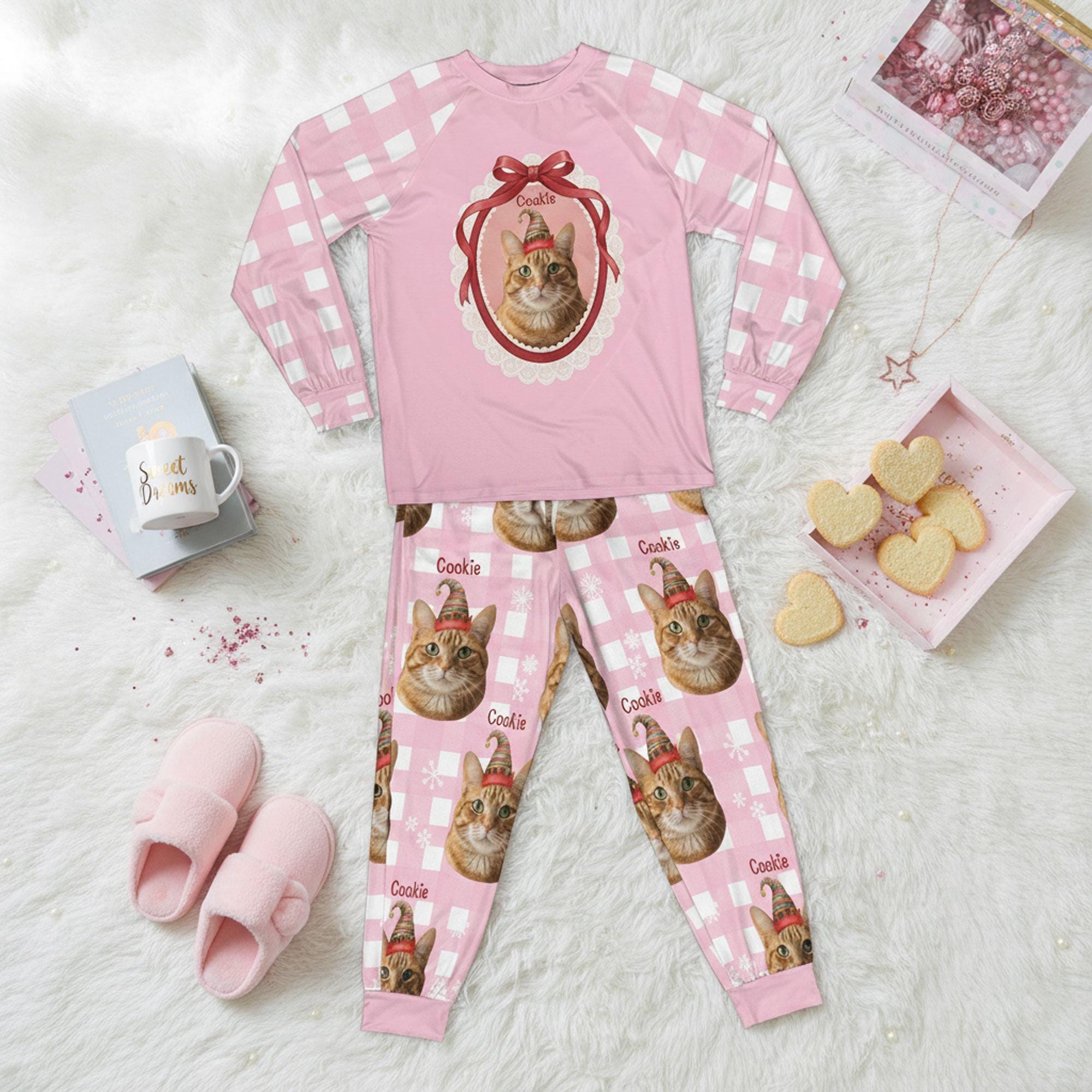 Custom Pet Face Pajama Set: Coquette Plaid Top & Pants with Pet Photo Name