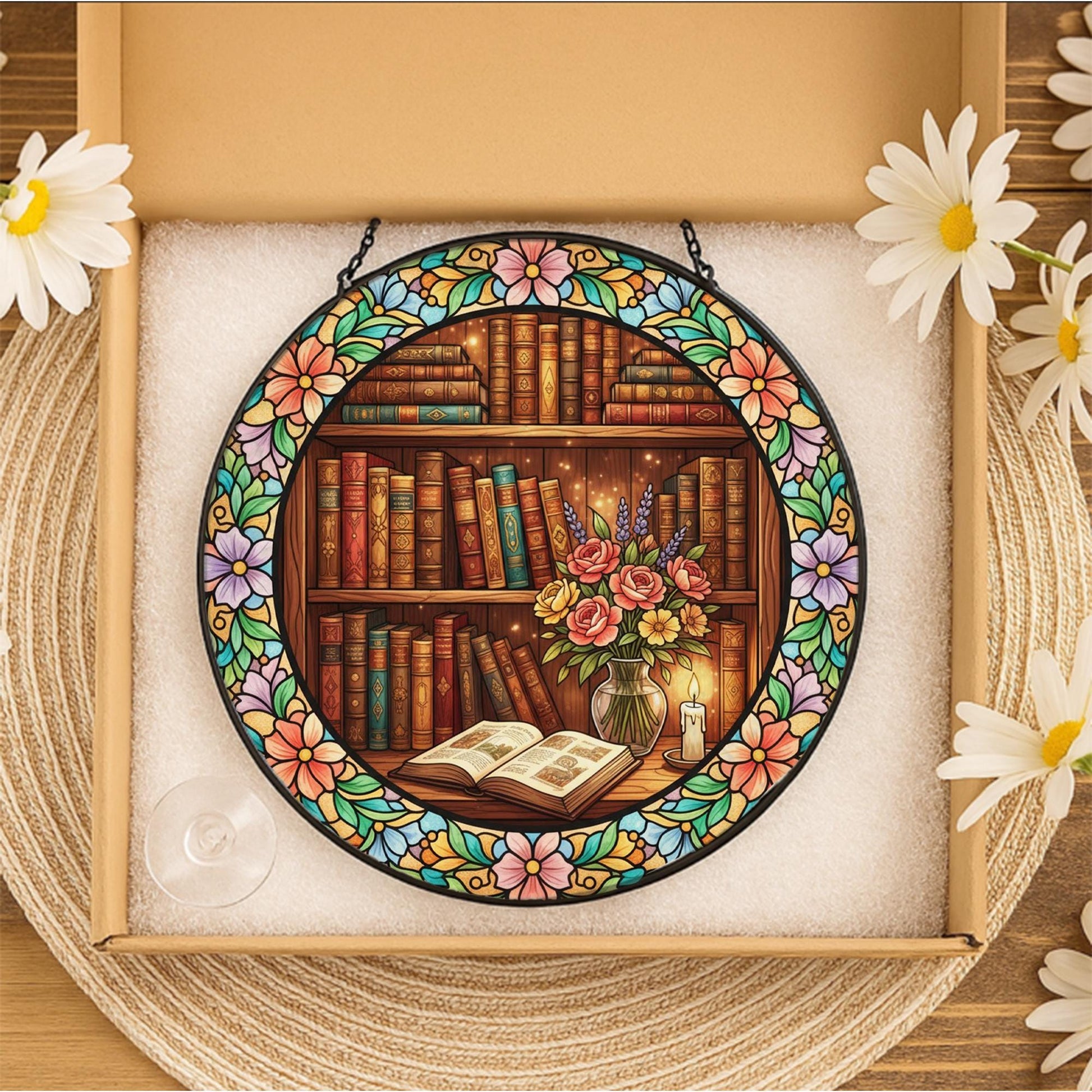 Glass Suncatcher – Bookshelf Floral Design Home Window Decor