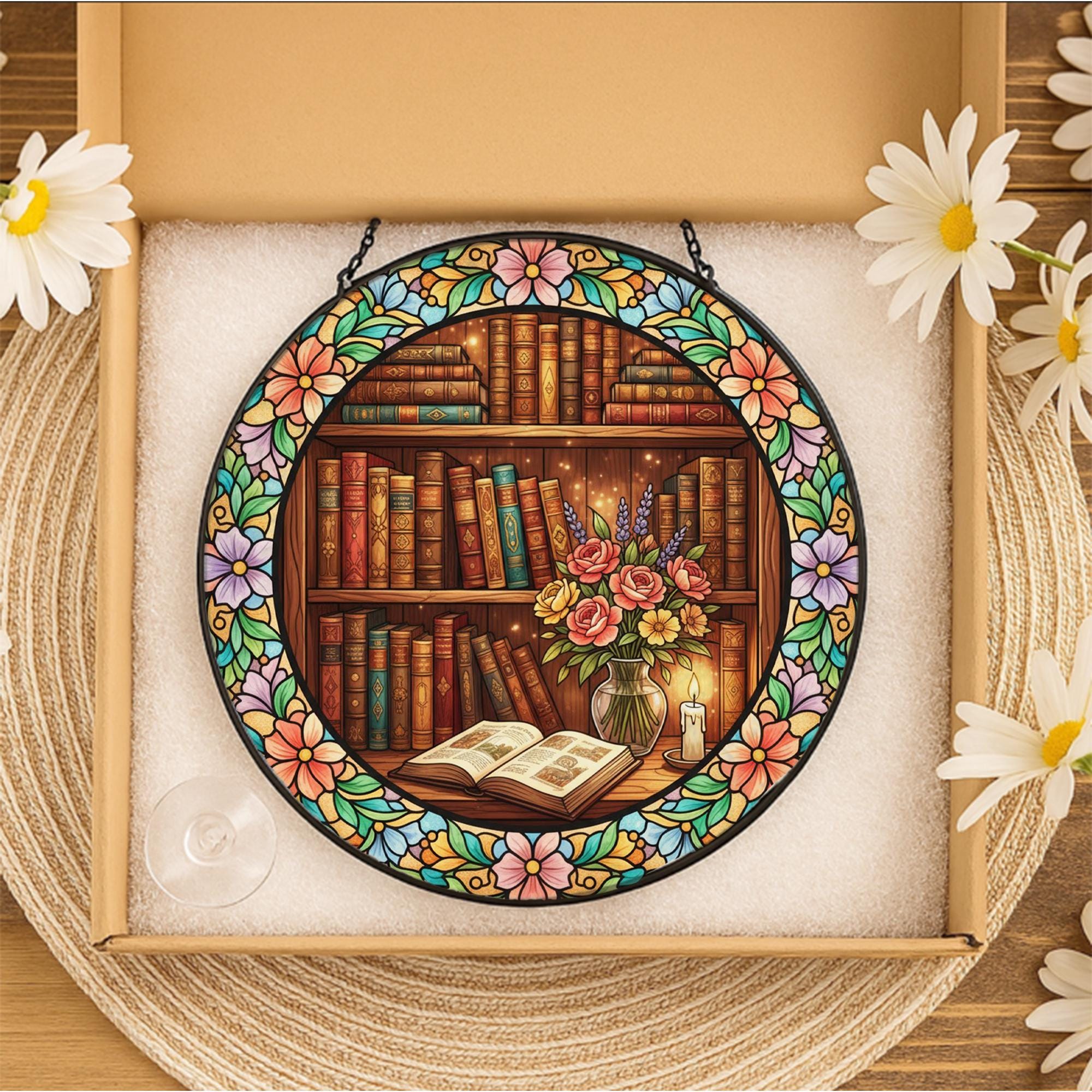 Glass Suncatcher – Bookshelf Floral Design Home Window Decor