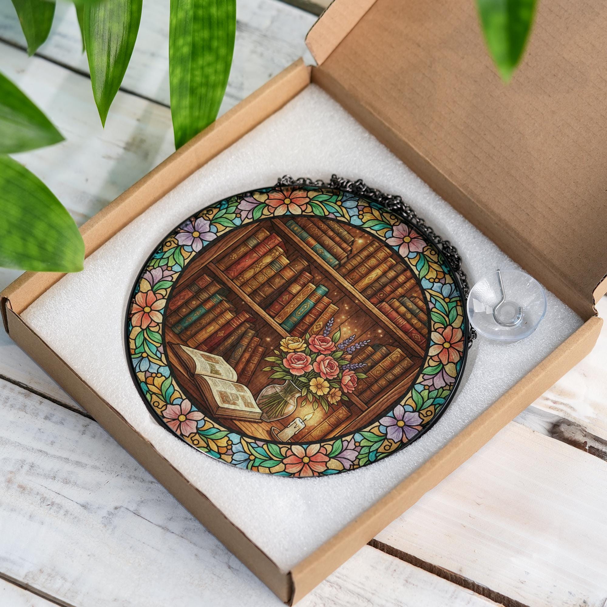 Glass Suncatcher – Bookshelf Floral Design Home Window Decor