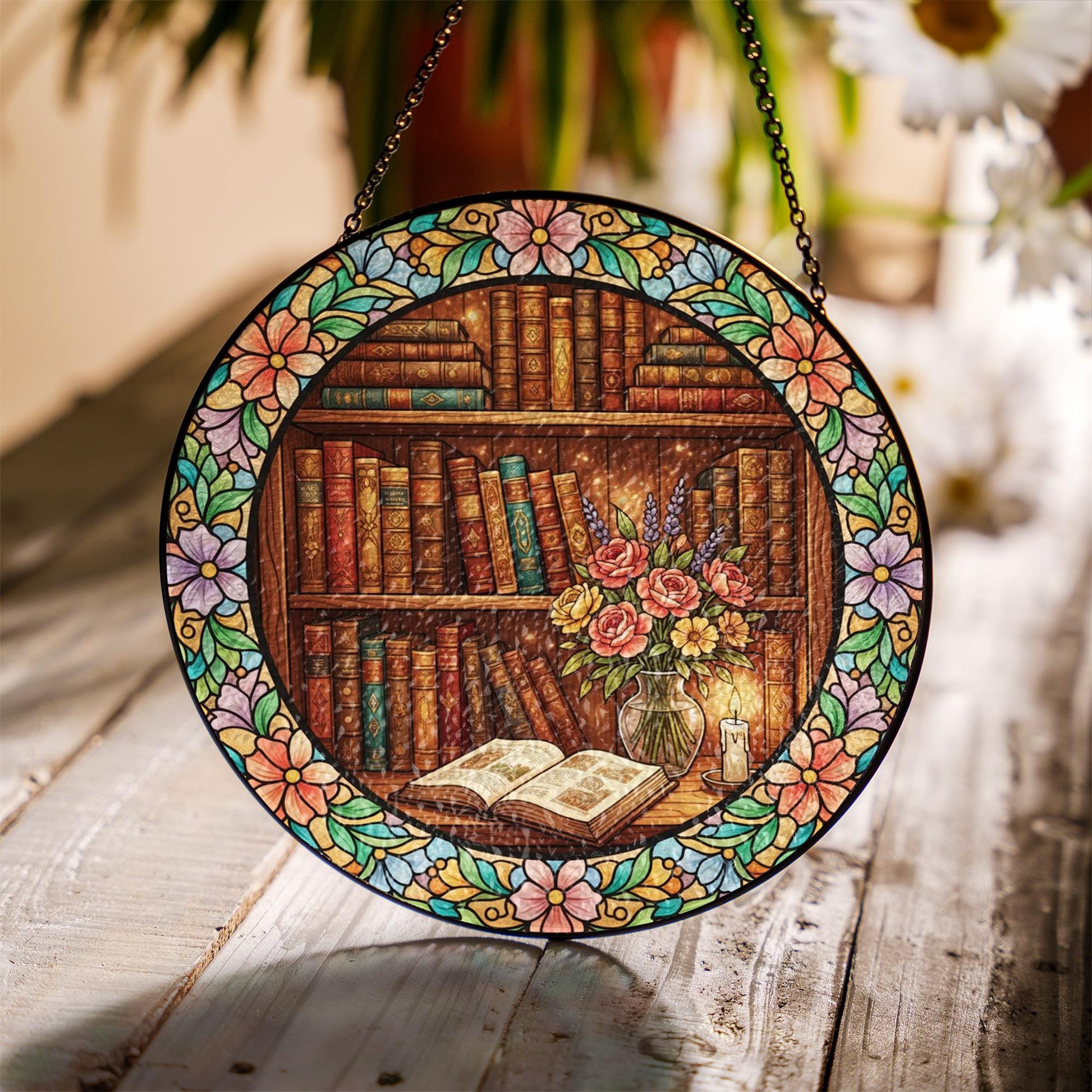 Glass Suncatcher – Bookshelf Floral Design Home Window Decor