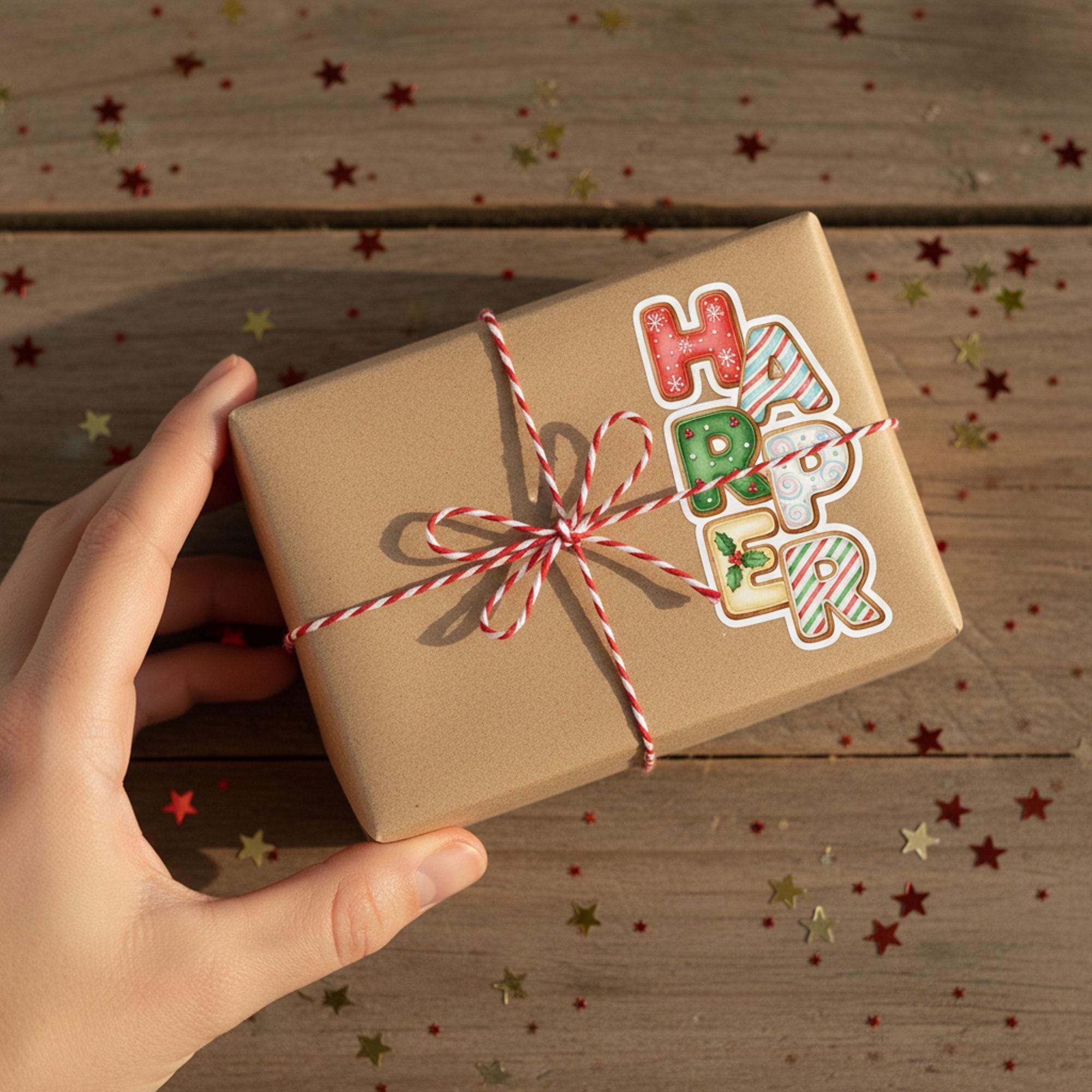 Custom Gingerbread Alphabet Sticker: Kids Name Gift Box Labels, Christmas Tag Letters, Personalized Packaging