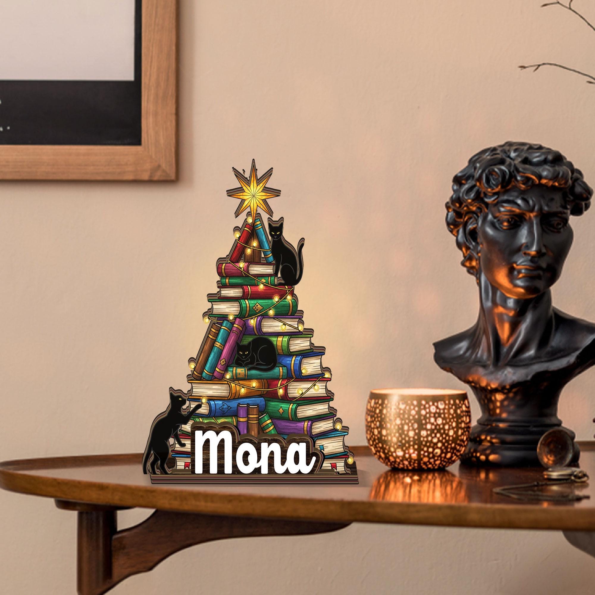 Custom suncatcher Candle Holder:  book tree with black cats and name display