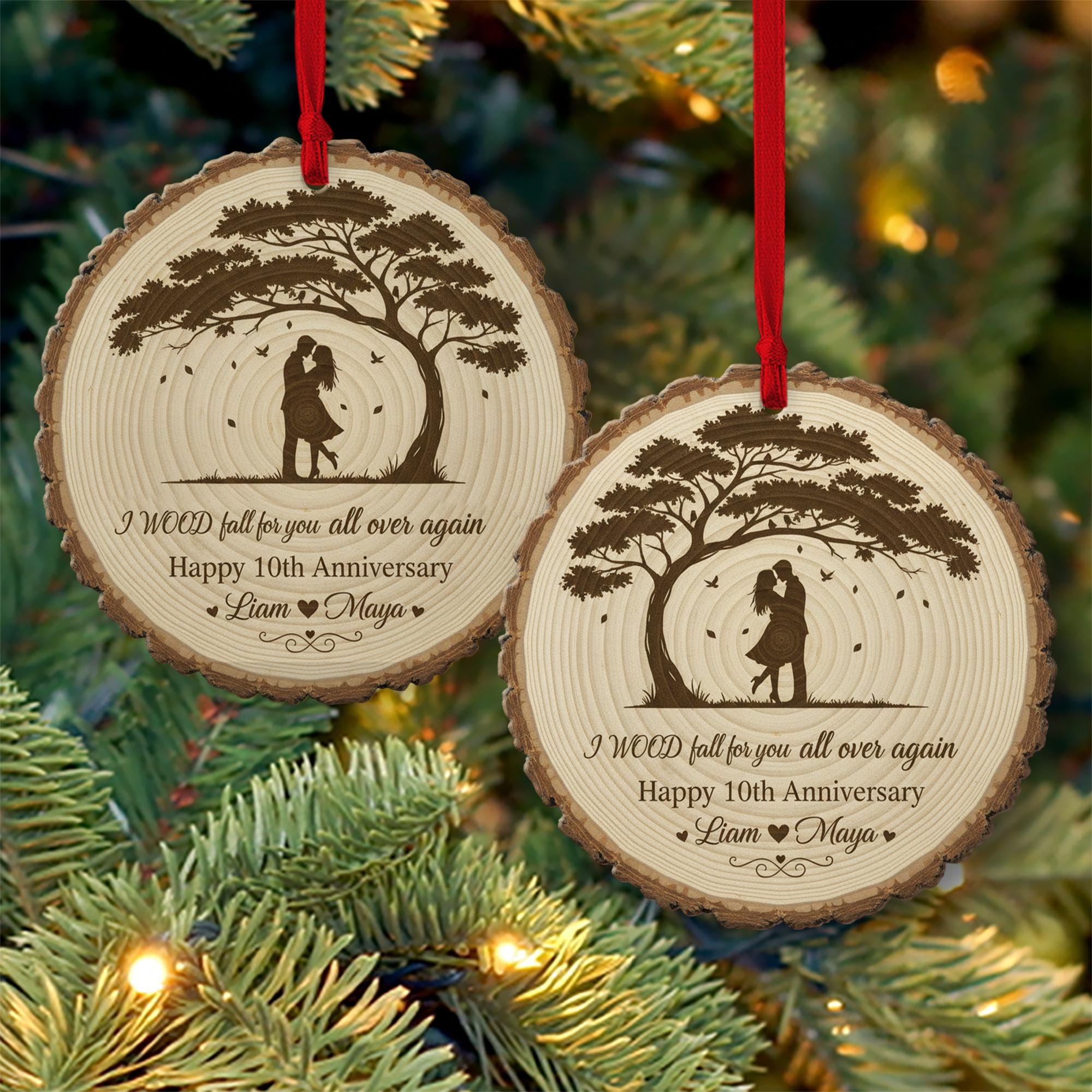 Custom Engraved Tree & Couple Ornament – Personalized Wood Ornament