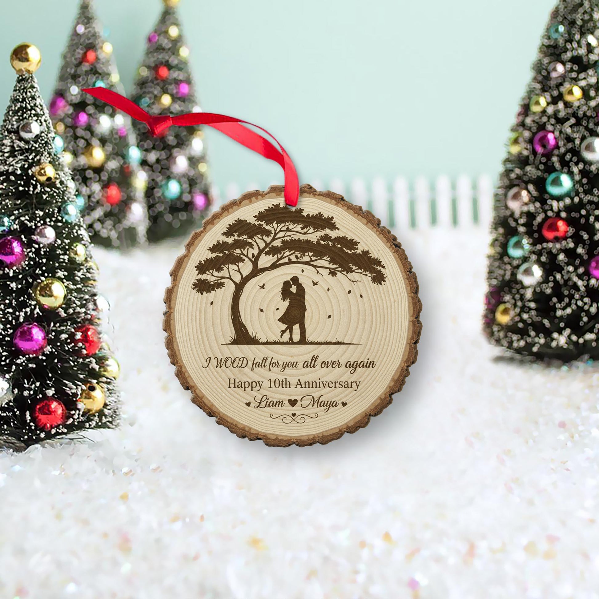 Custom Engraved Tree & Couple Ornament – Personalized Wood Ornament