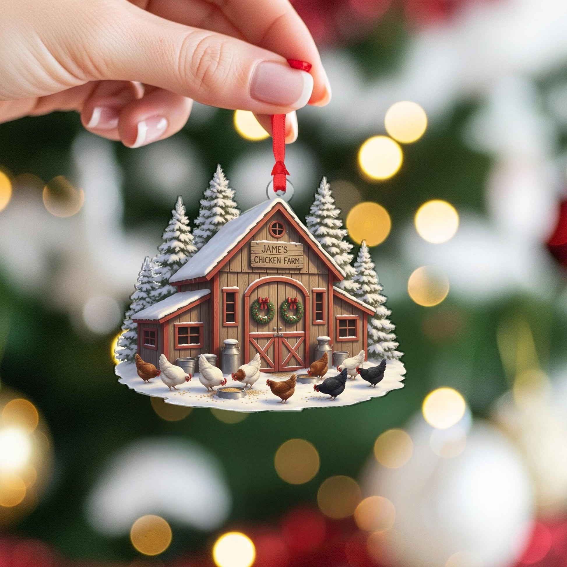 Personalised Chicken Farm Ornament: Custom Wooden Farmhouse Snowy Coop Hanging Decoration image 5