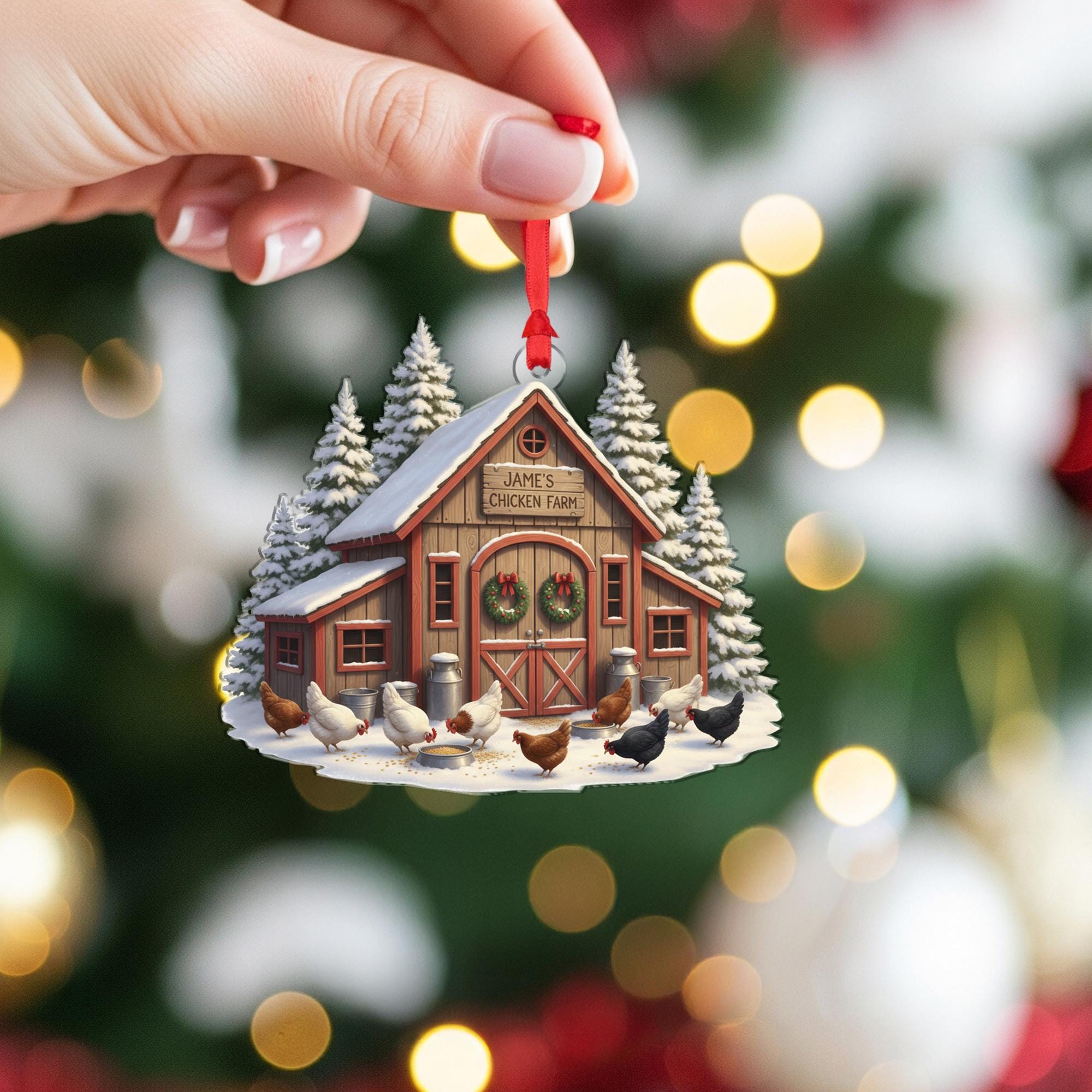 Personalised Chicken Farm Ornament: Custom Wooden Farmhouse Snowy Coop Hanging Decoration image 5