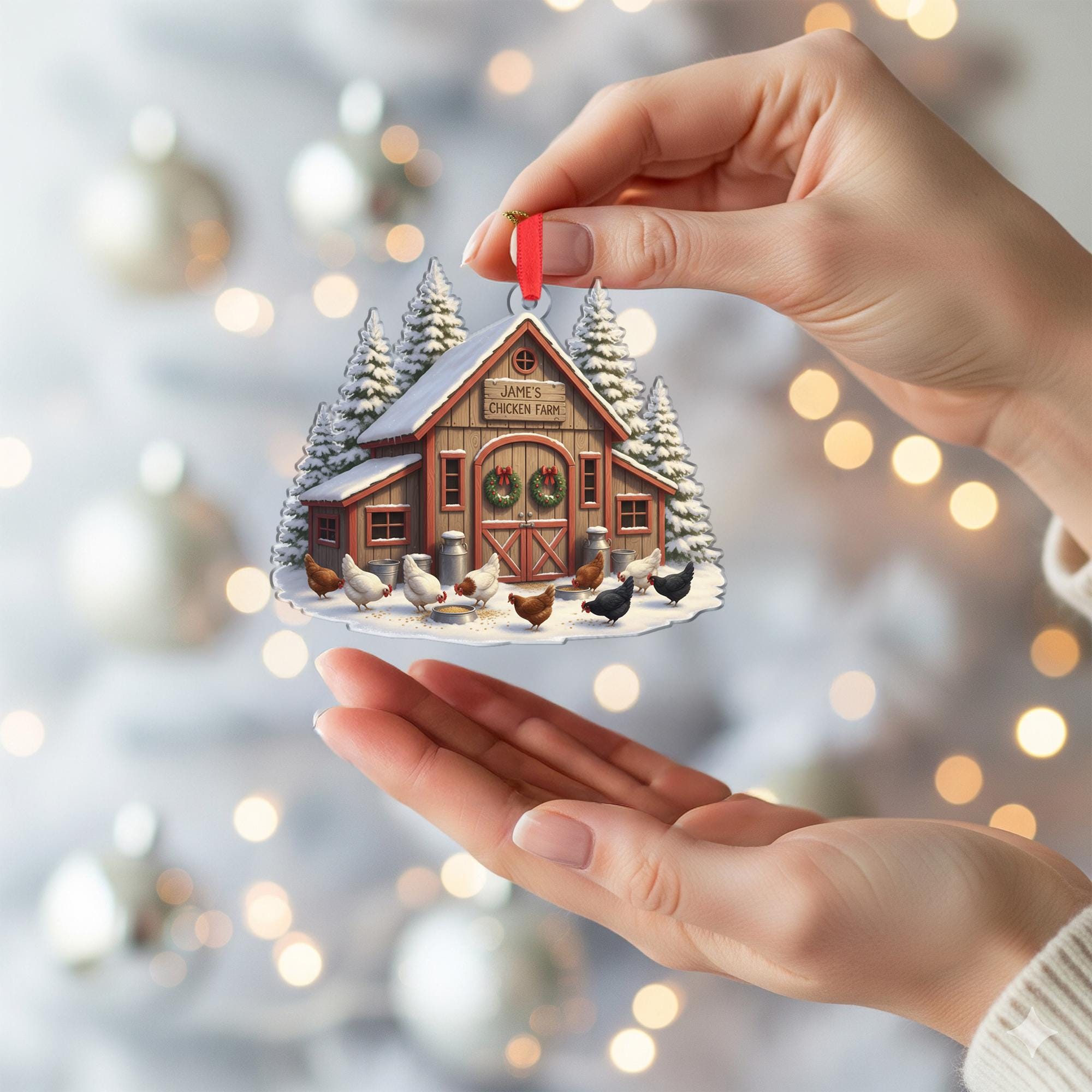 Personalised Chicken Farm Ornament: Custom Wooden Farmhouse Snowy Coop Hanging Decoration image 4