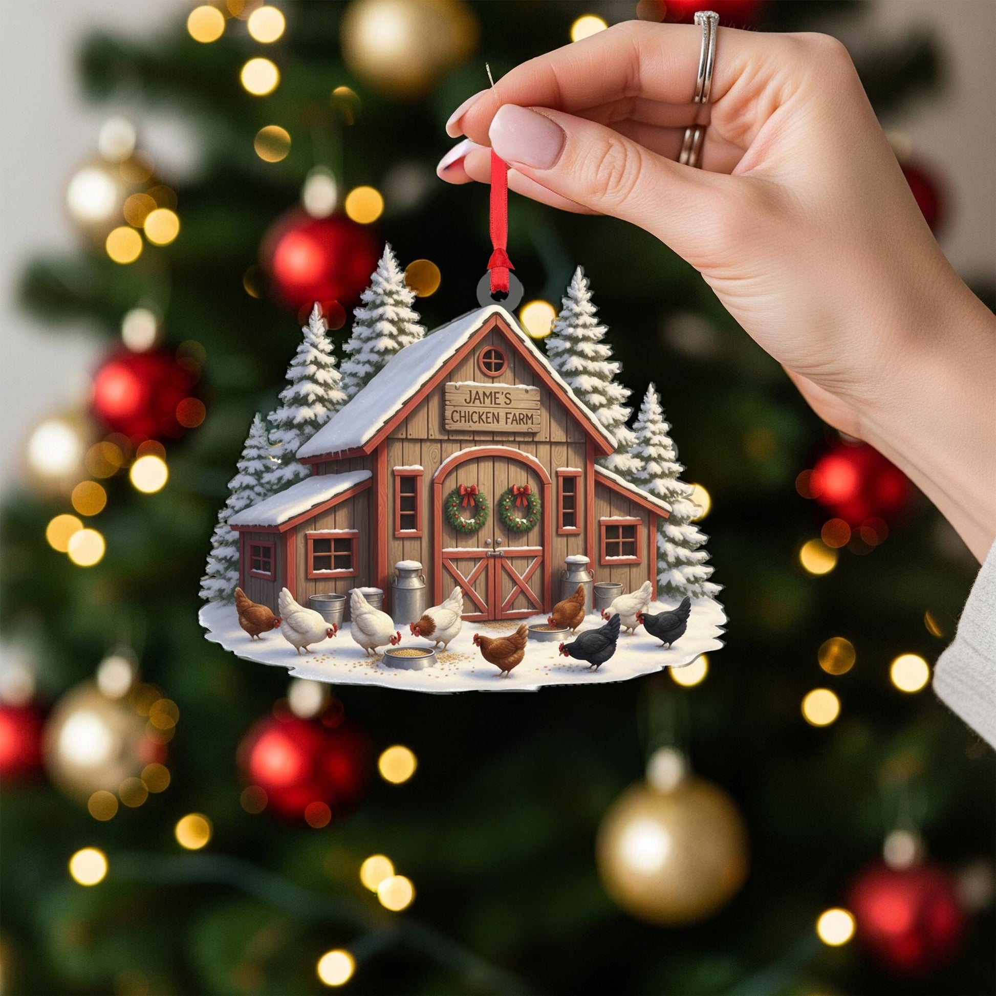 Personalised Chicken Farm Ornament: Custom Wooden Farmhouse Snowy Coop Hanging Decoration image 7