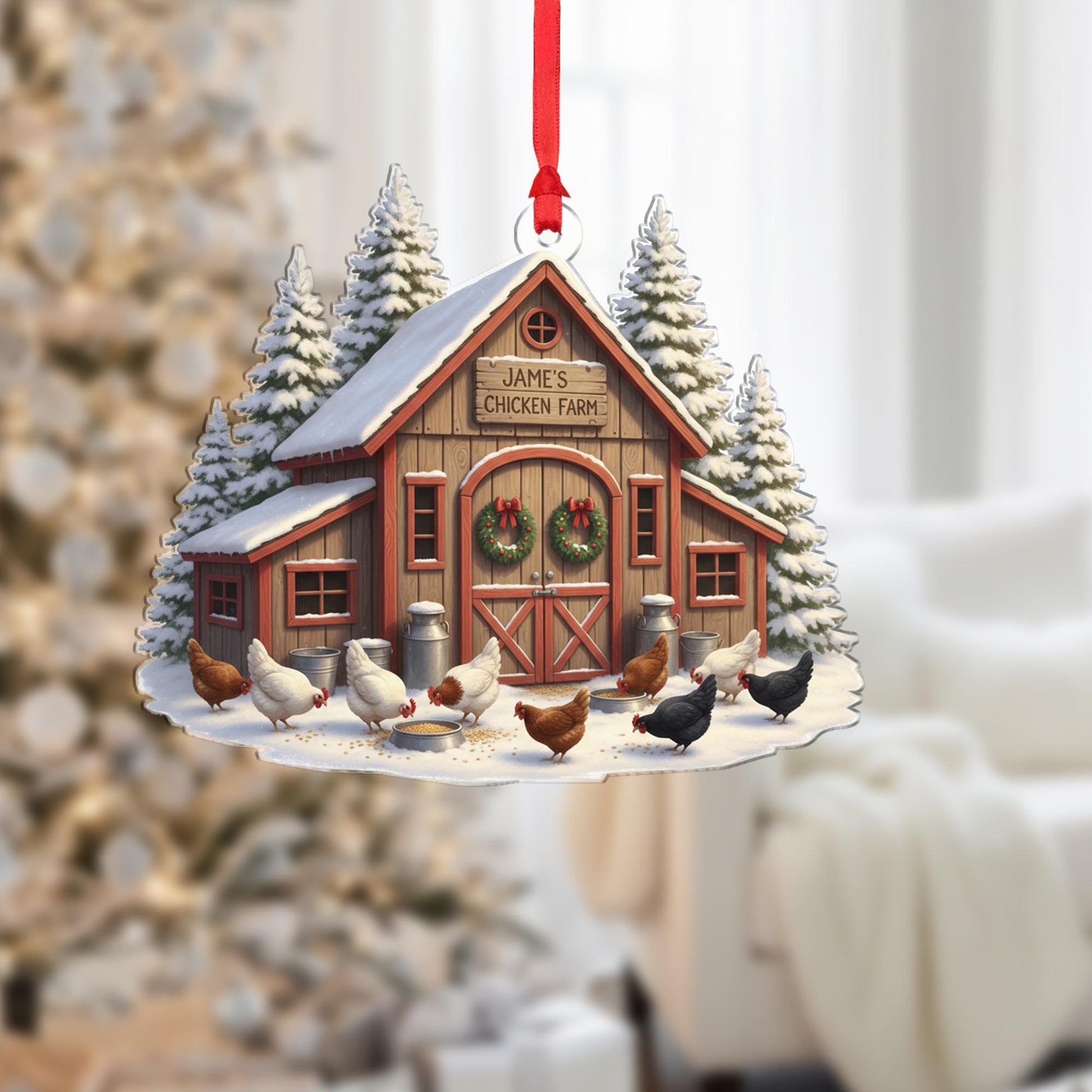 Personalised Chicken Farm Ornament: Custom Wooden Farmhouse Snowy Coop Hanging Decoration image 1