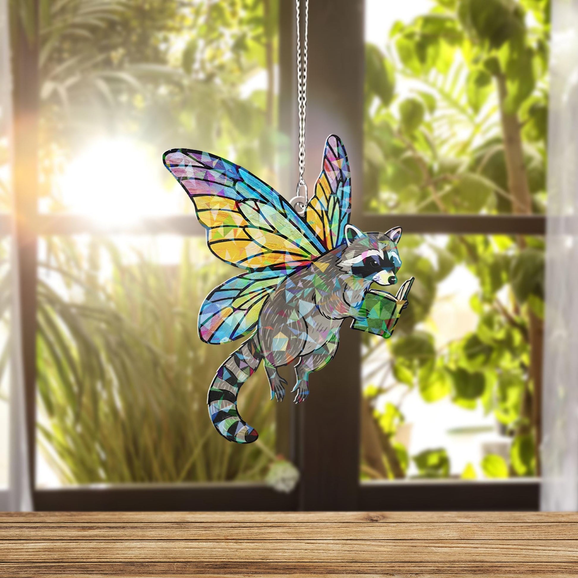 Holographic Fairy Raccoon Reading Book Acrylic Suncatcher Window Decor image 2