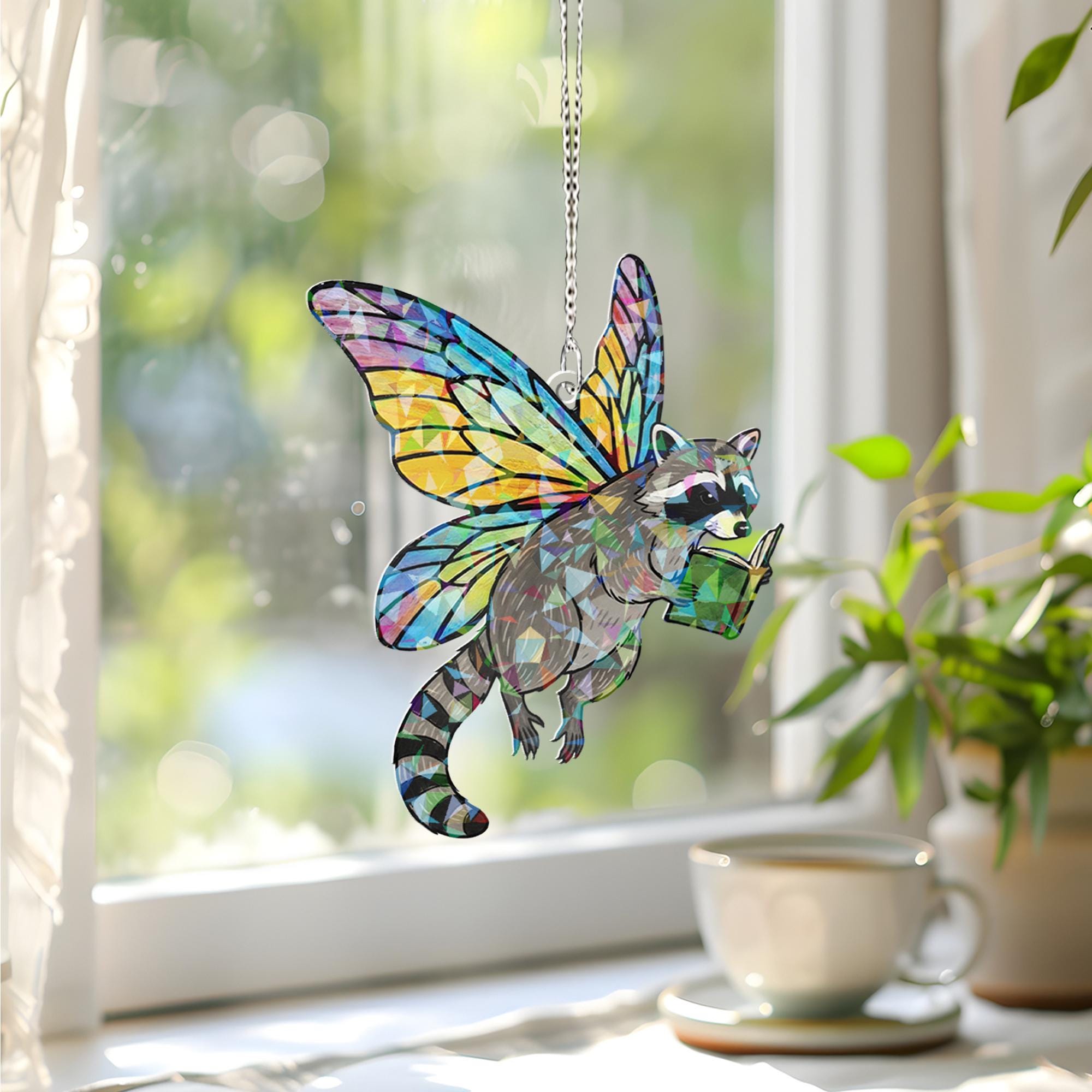 Holographic Fairy Raccoon Reading Book Acrylic Suncatcher Window Decor image 1