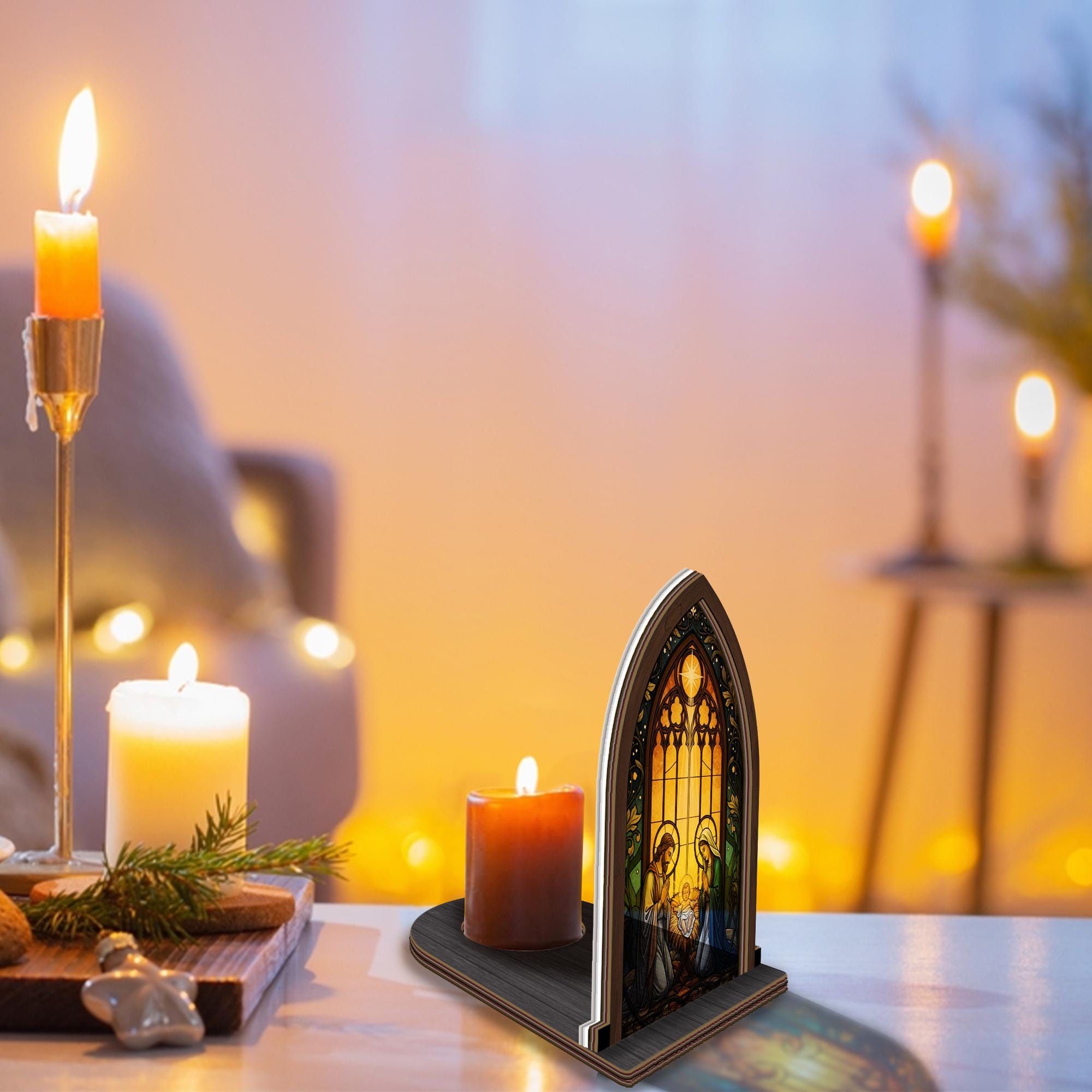 Nativity Scene Suncatcher Candle Holder - Stained Glass Art Christmas Home Decor image 4