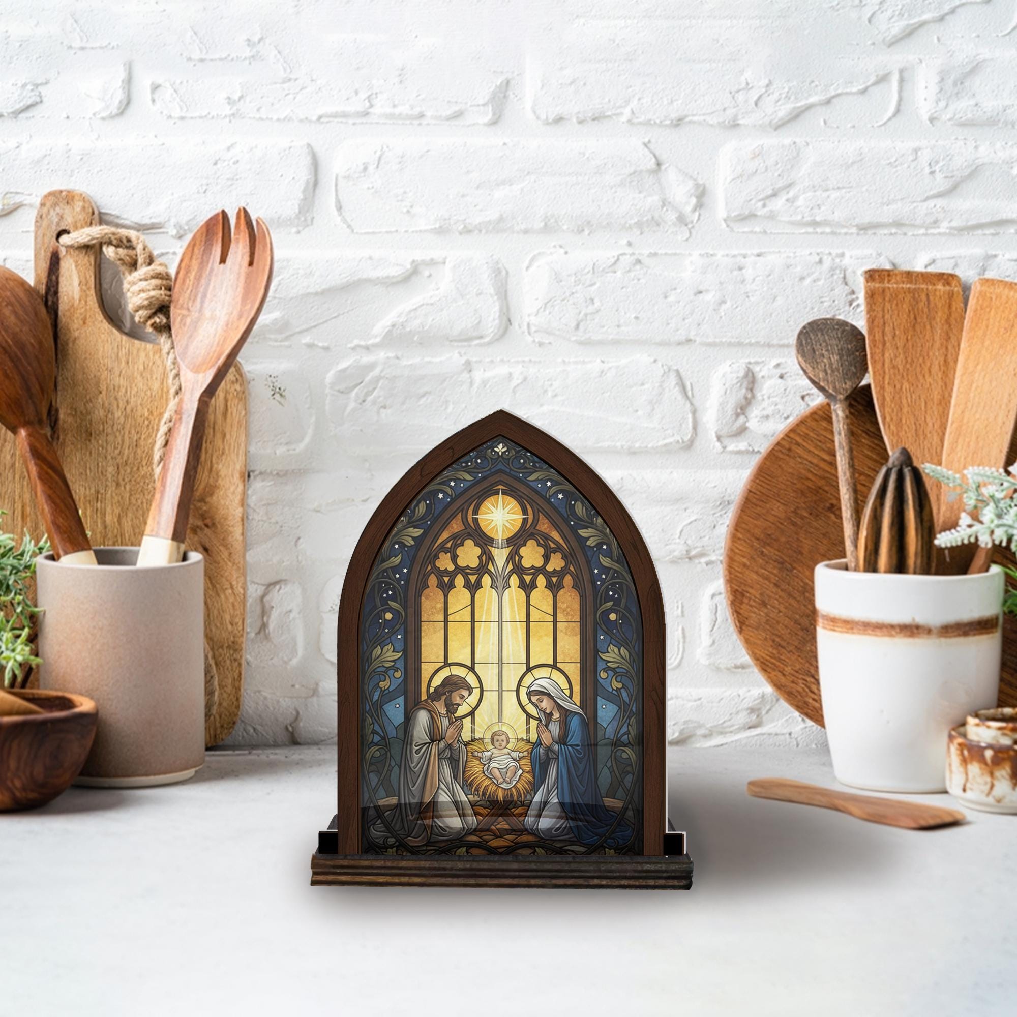 Nativity Scene Suncatcher Candle Holder - Stained Glass Art Christmas Home Decor image 5