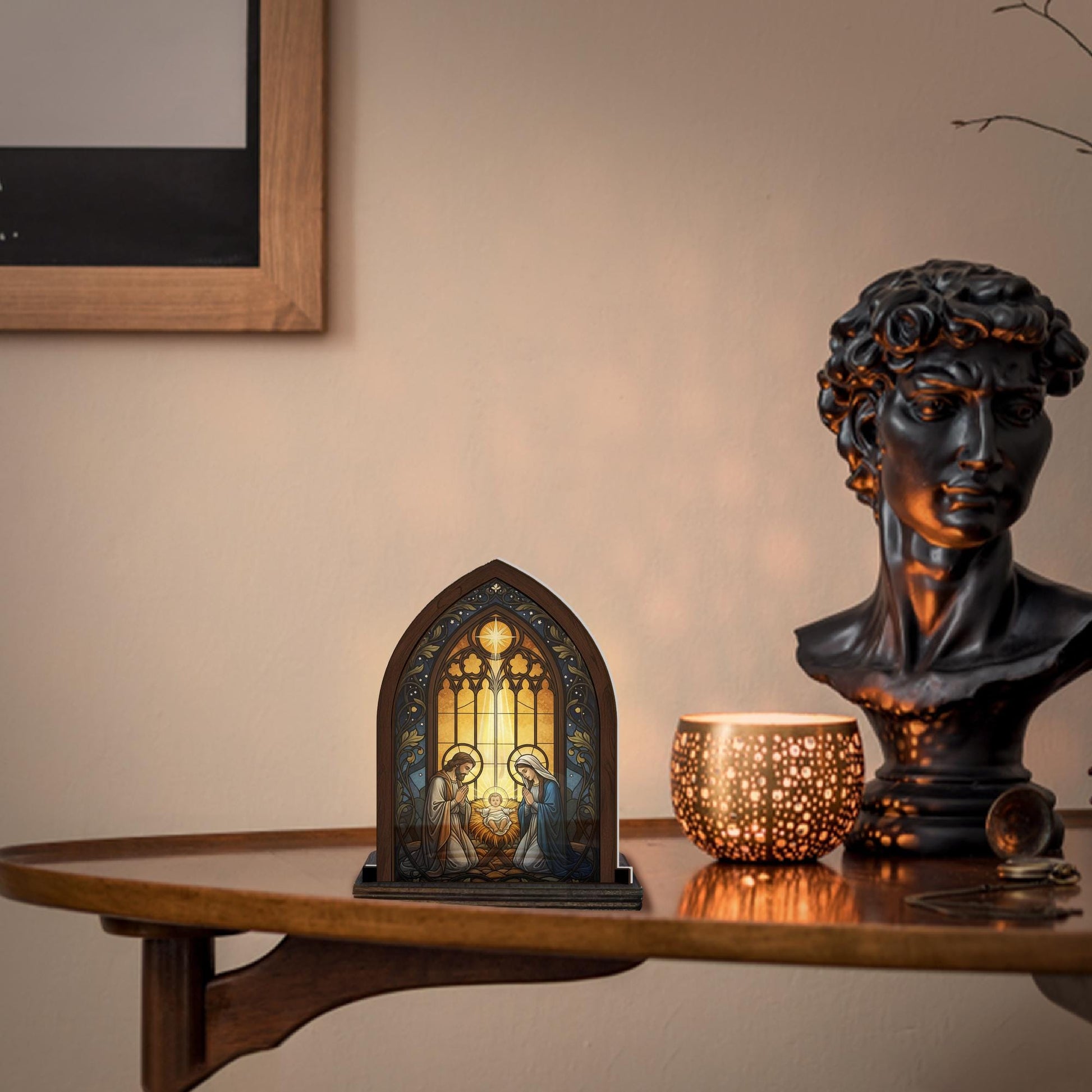 Nativity Scene Suncatcher Candle Holder - Stained Glass Art Christmas Home Decor image 1