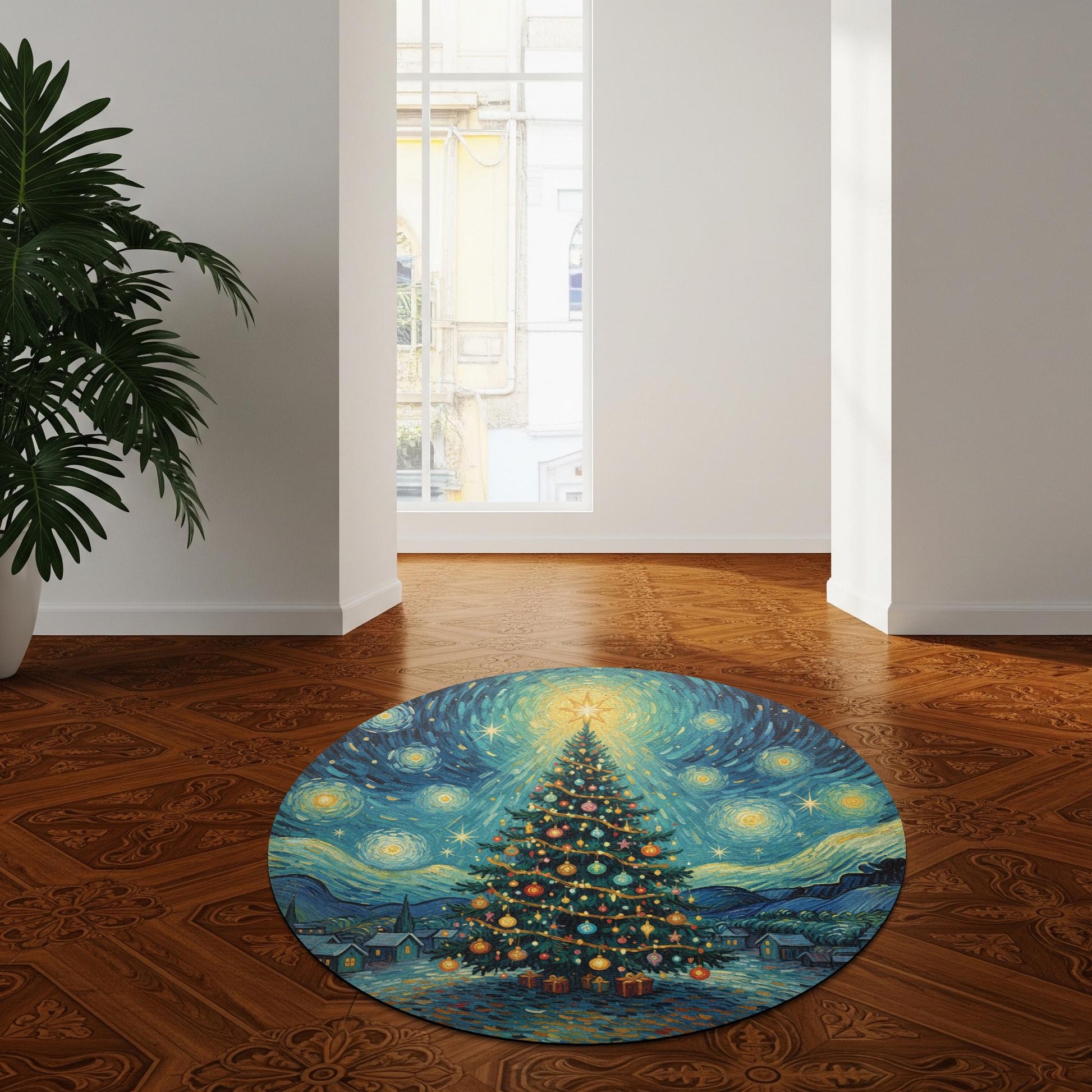 Starry Night Christmas Tree Round Rug – Blue Swirling Sky Tree Print Floor Mat image 5