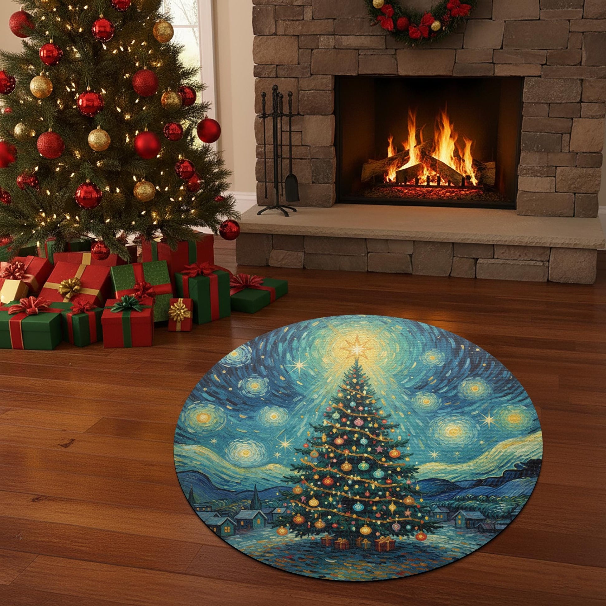 Starry Night Christmas Tree Round Rug – Blue Swirling Sky Tree Print Floor Mat image 4