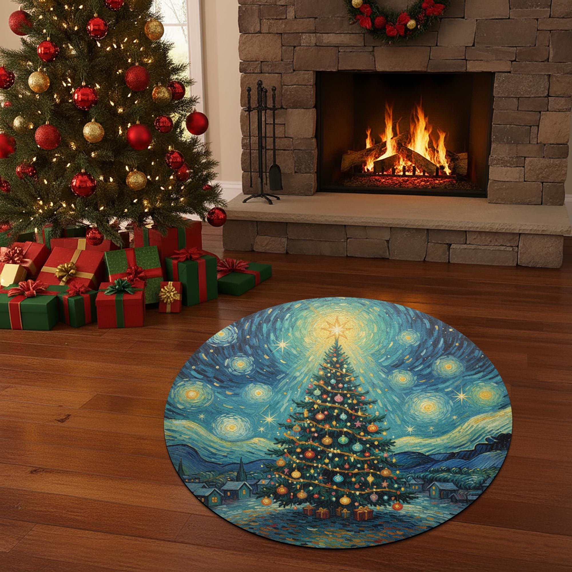 Starry Night Christmas Tree Round Rug – Blue Swirling Sky Tree Print Floor Mat image 4