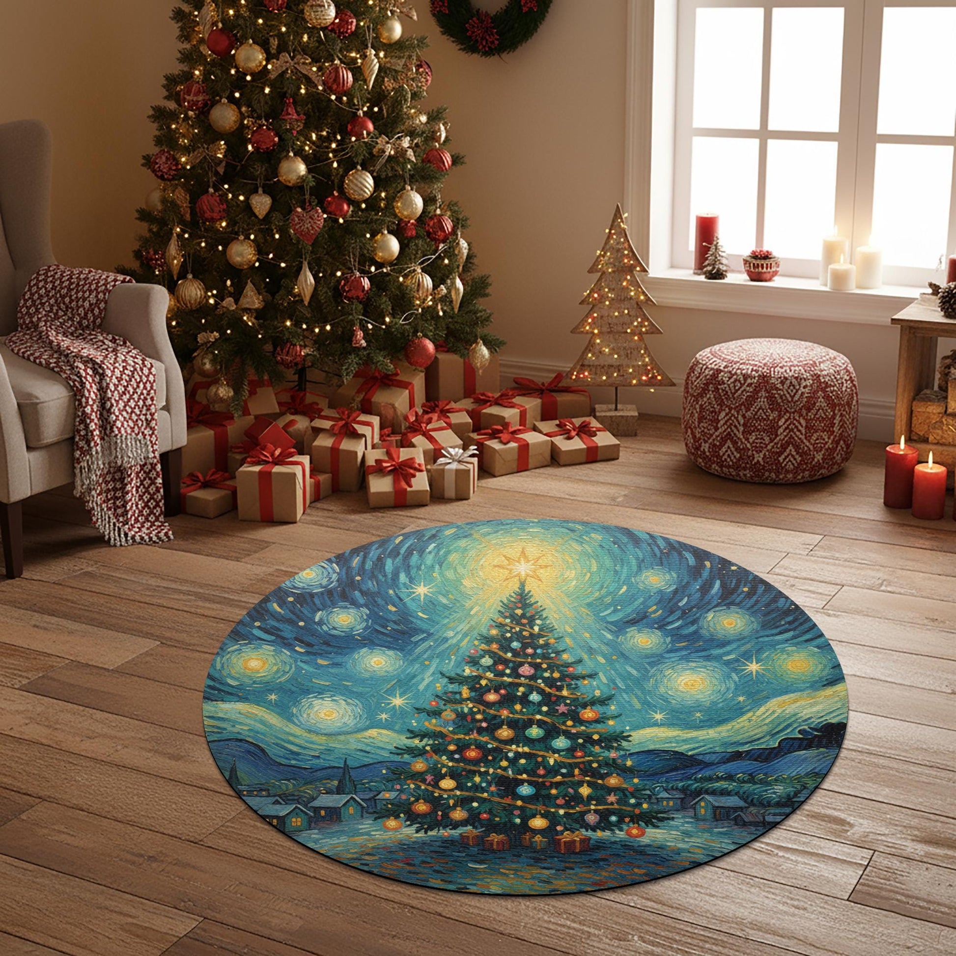 Starry Night Christmas Tree Round Rug – Blue Swirling Sky Tree Print Floor Mat image 3