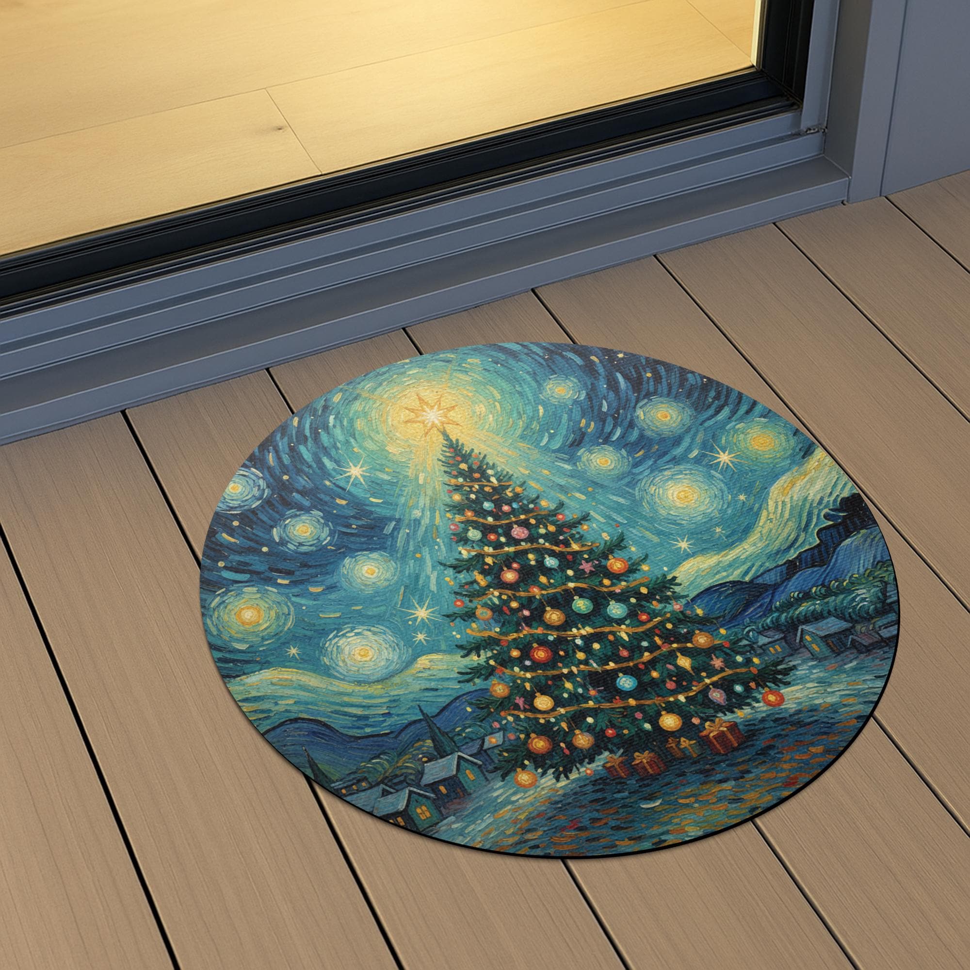 Starry Night Christmas Tree Round Rug – Blue Swirling Sky Tree Print Floor Mat image 6