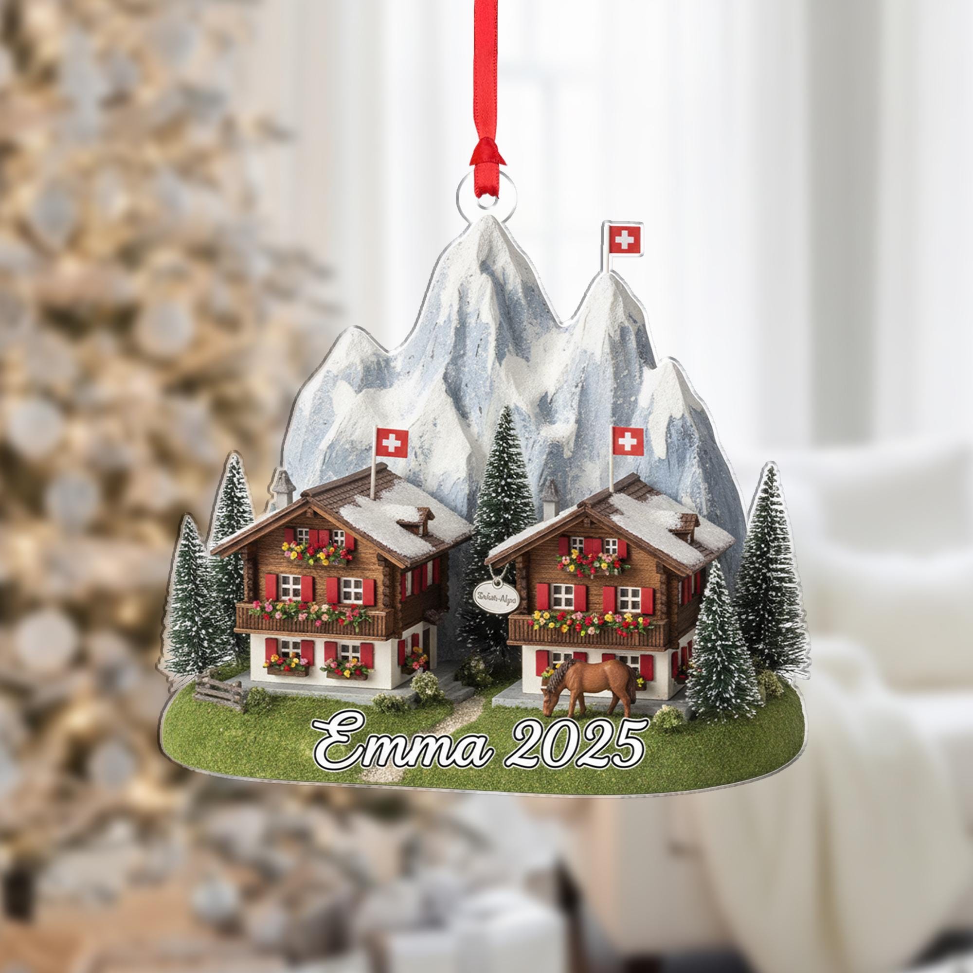 Personalised Swiss Alpine Chalet Ornament – Swiss Mountain Scene with Name & Year image 1