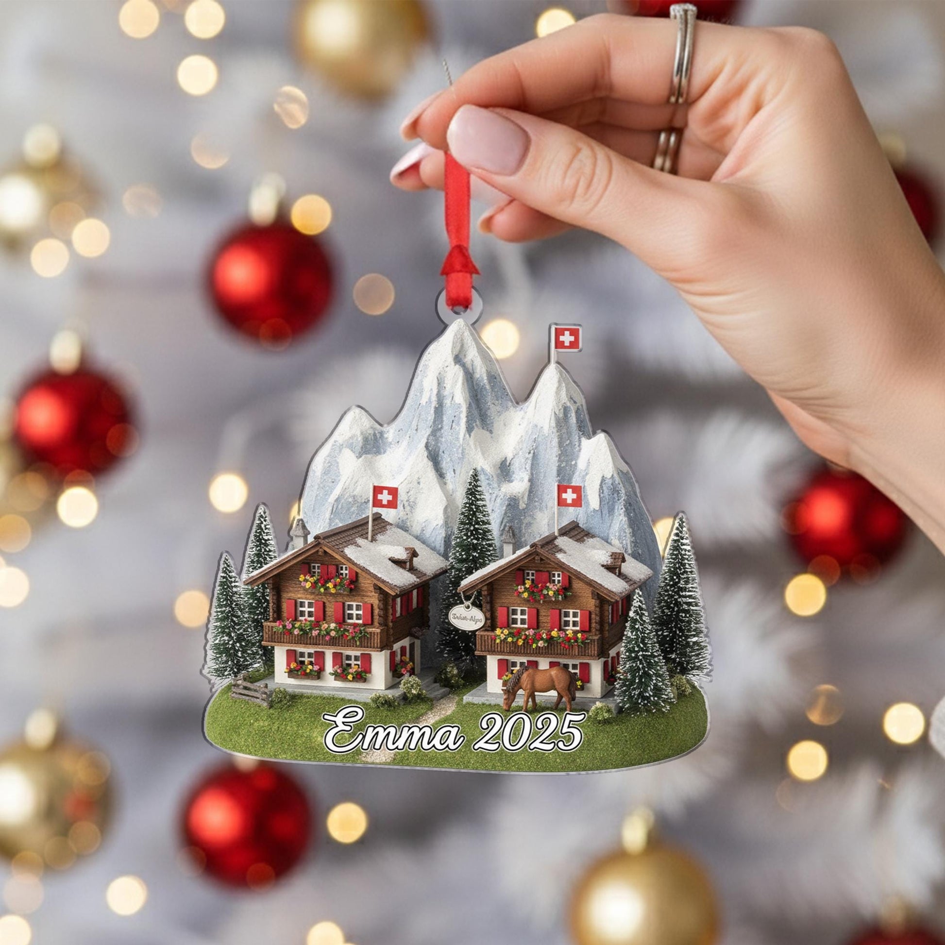 Personalised Swiss Alpine Chalet Ornament – Swiss Mountain Scene with Name & Year image 4