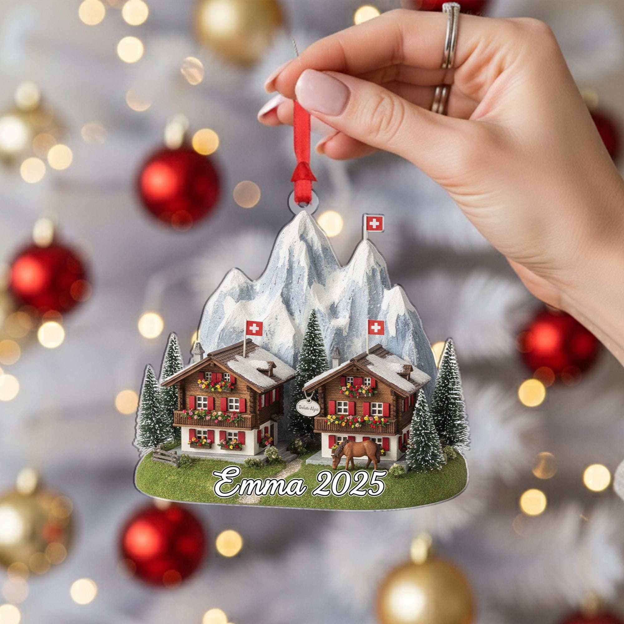 Personalised Swiss Alpine Chalet Ornament – Swiss Mountain Scene with Name & Year image 4