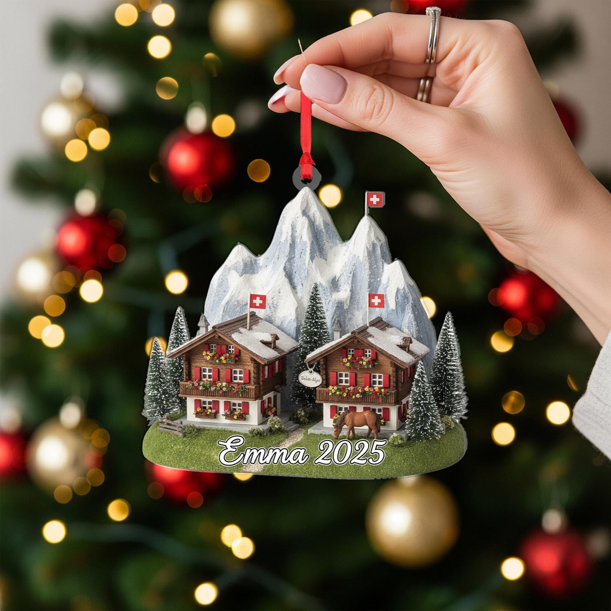 Personalised Swiss Alpine Chalet Ornament – Swiss Mountain Scene with Name & Year image 3