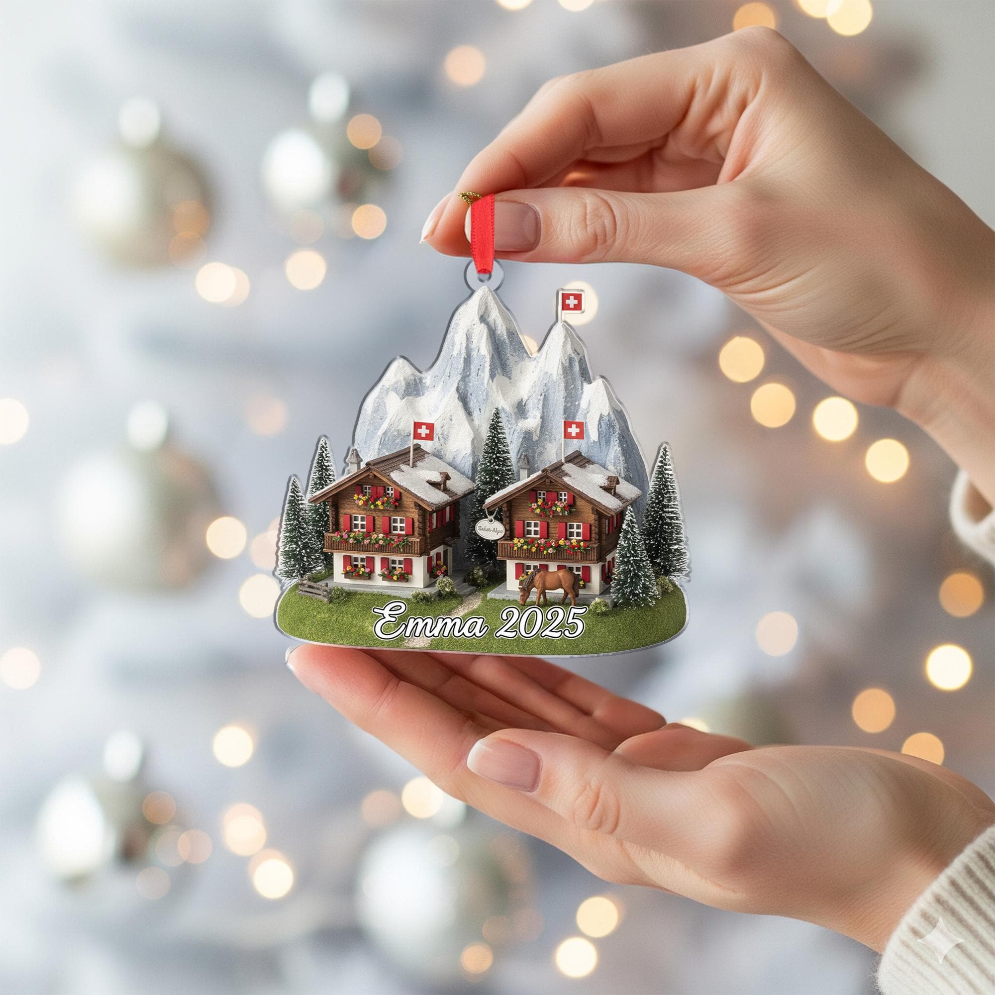 Personalised Swiss Alpine Chalet Ornament – Swiss Mountain Scene with Name & Year image 6