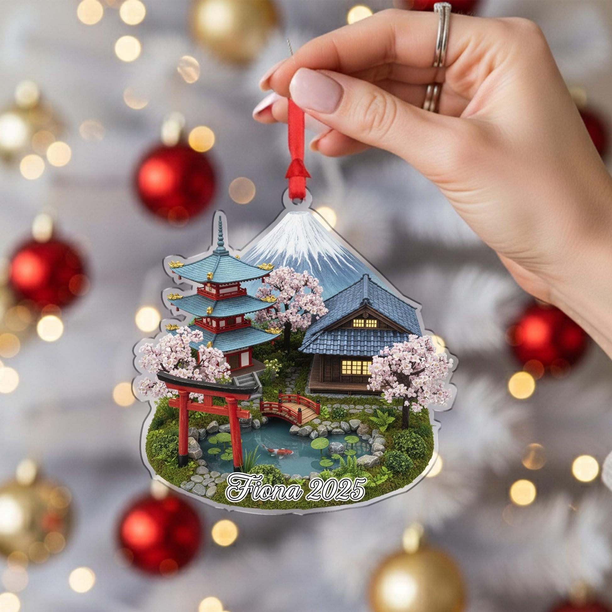Personalised Japanese Garden Ornament – Mount Fuji & Pagoda Scene with Name and Year image 4