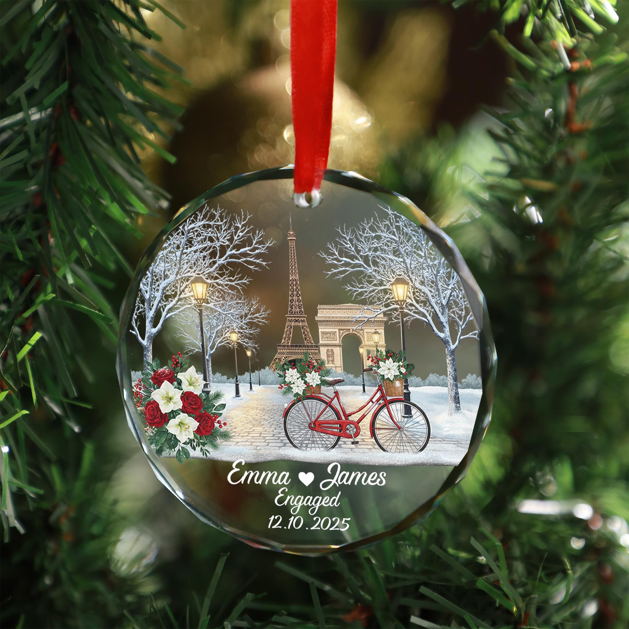 Personalized Paris Engagement Ornament – Eiffel Tower, Bicycle Winter Scene image 1