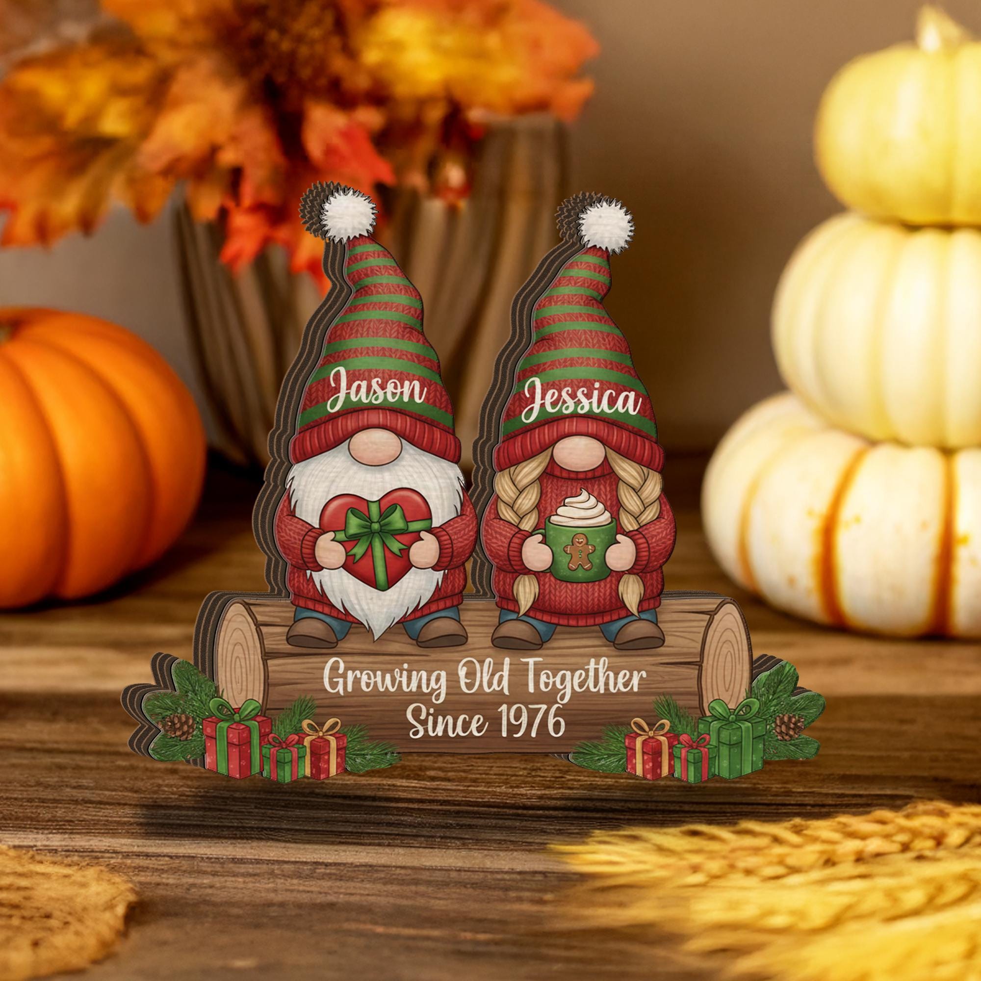 Christmas Growing Old Together Wooden Block – Personalized Gnome Couple Name & Anniversary Decor image 5