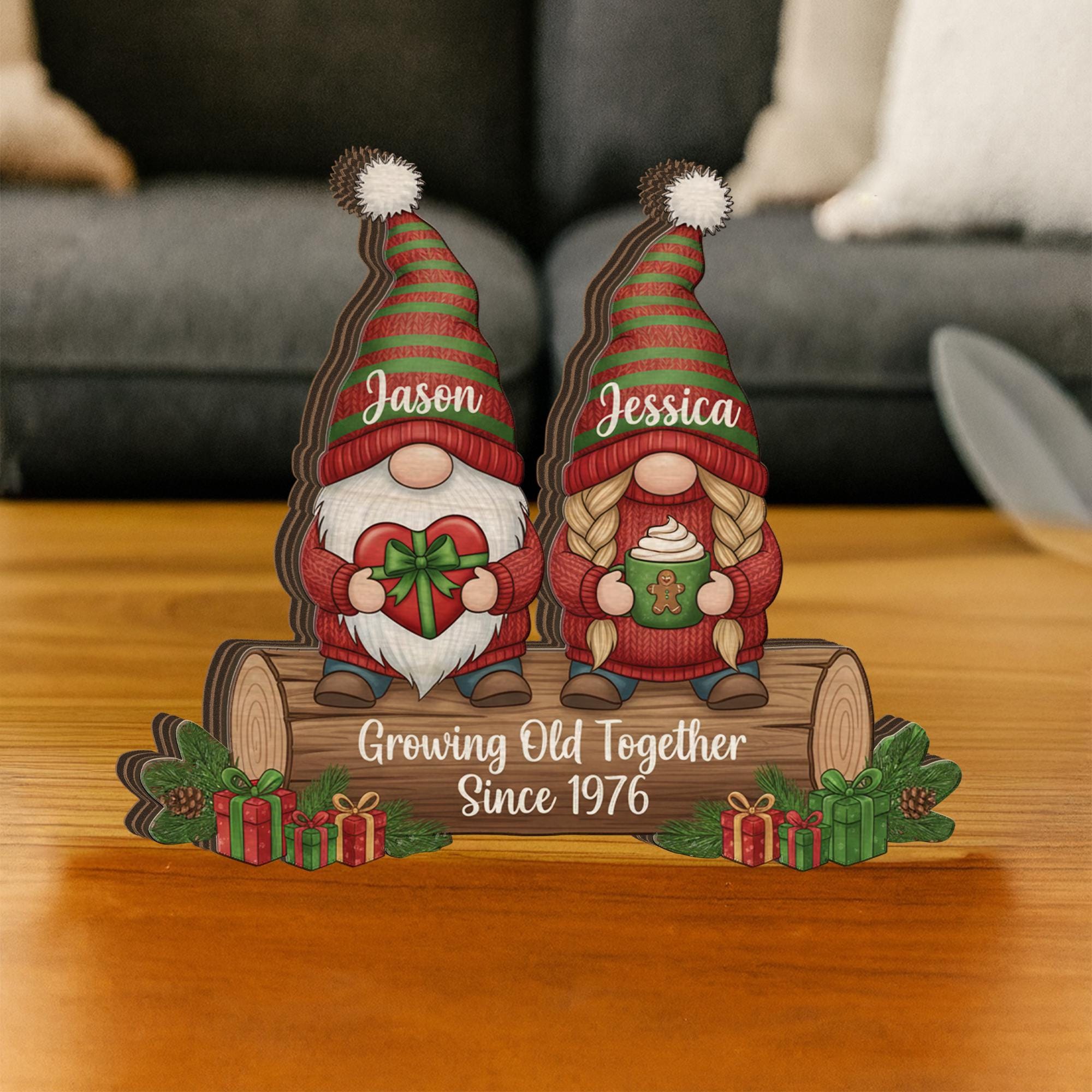 Christmas Growing Old Together Wooden Block – Personalized Gnome Couple Name & Anniversary Decor image 1