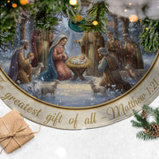 Christmas Tree Skirt: Nativity Scene Design, Scripture Quote, Holly Border image 1