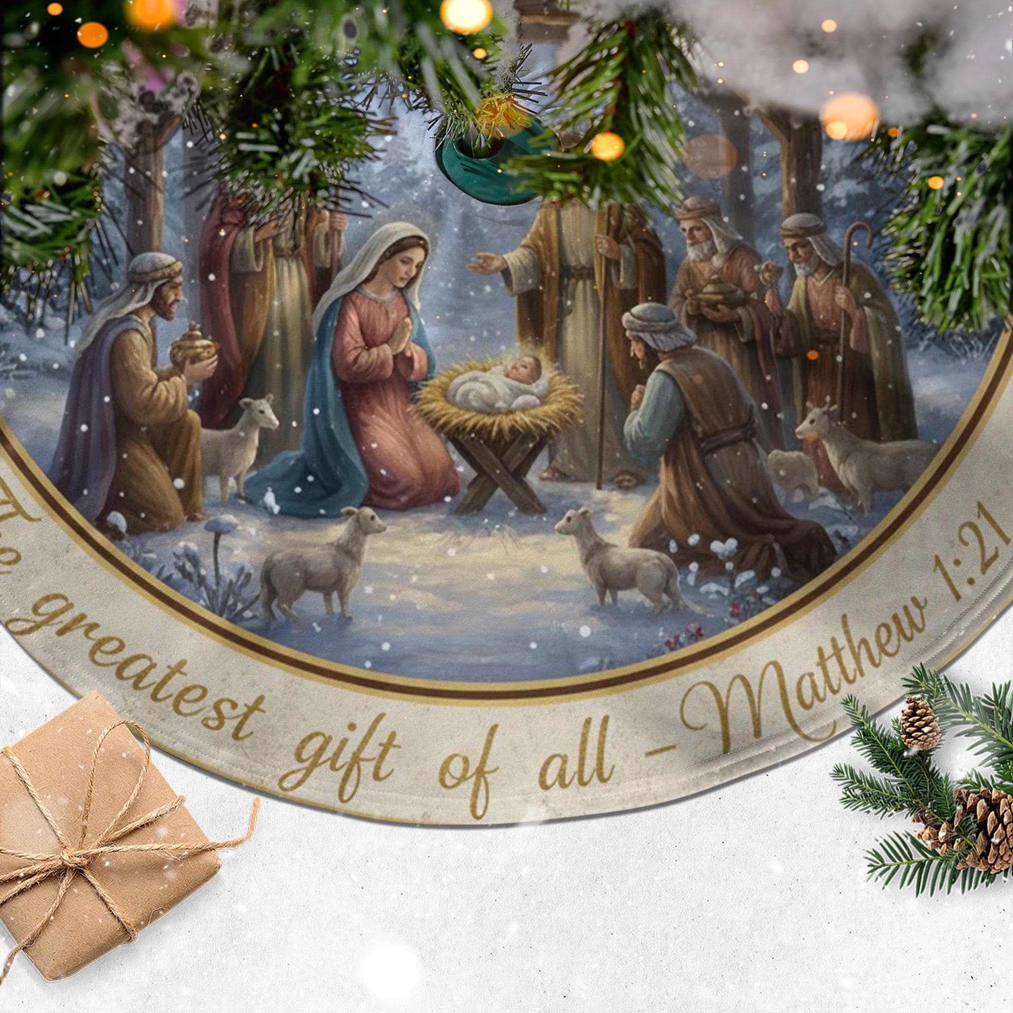 Christmas Tree Skirt: Nativity Scene Design, Scripture Quote, Holly Border image 1