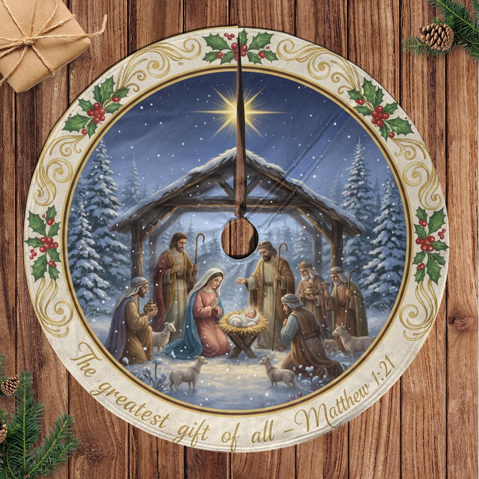 Christmas Tree Skirt: Nativity Scene Design, Scripture Quote, Holly Border image 4